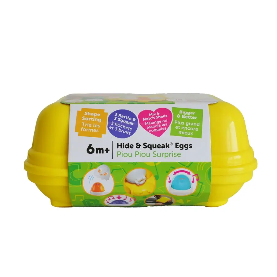 Żółte opakowanie zabawek Hide & Squeak Eggs dla niemowląt od 6m+. Sortowanie kształtów i dźwięki.