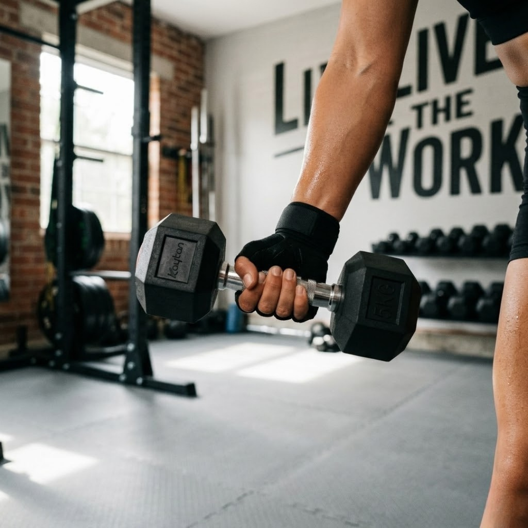 Eine Person im Fitnessstudio hält eine schwarze Hantel. Ihr Arm ist verschwitzt.