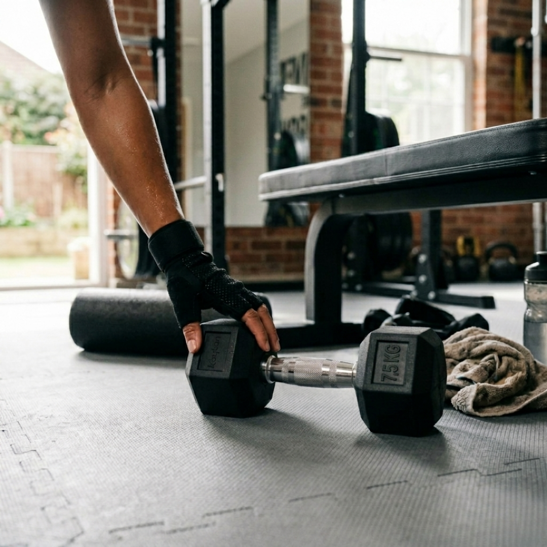 Eine Hand mit Handschuh hebt eine Hantel auf einem Fitnessstudioboden.