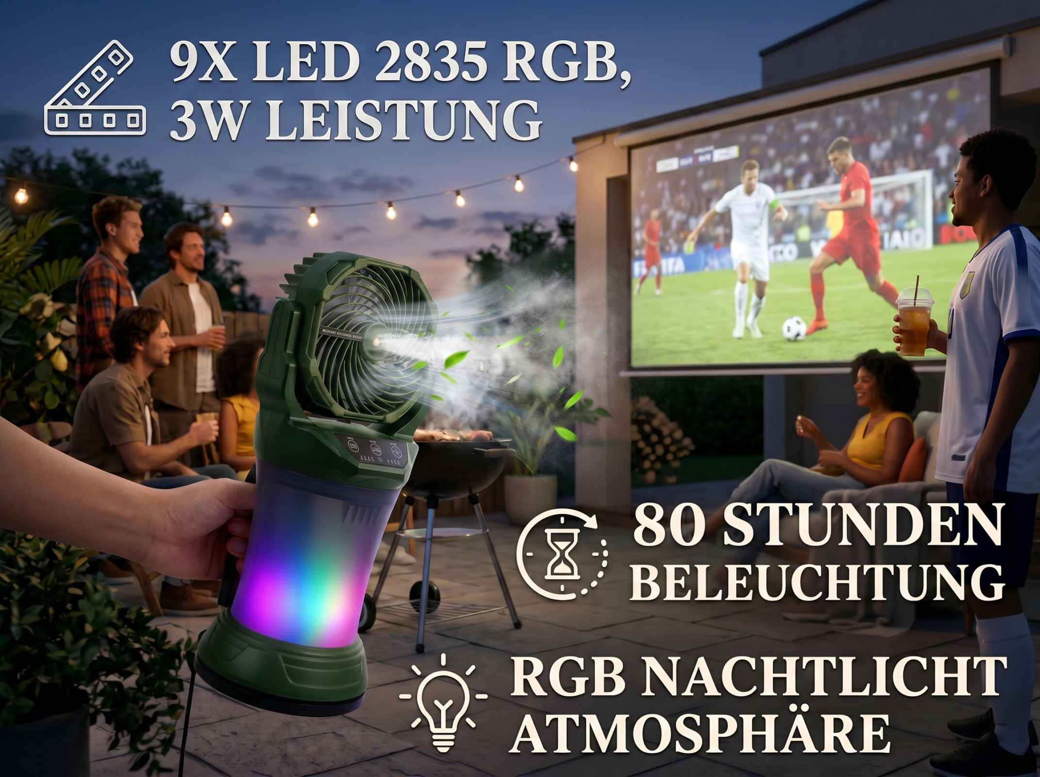 Grüner Ventilator mit RGB-Licht beleuchtet Grillparty vor Leinwand.