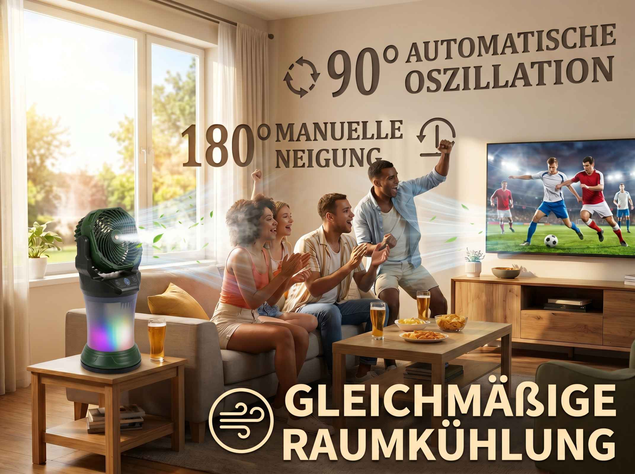 Ein Ventilator kühlt einen Raum, während Freunde Fußball schauen. Features: 90° Oszillation, 180° Neigung.
