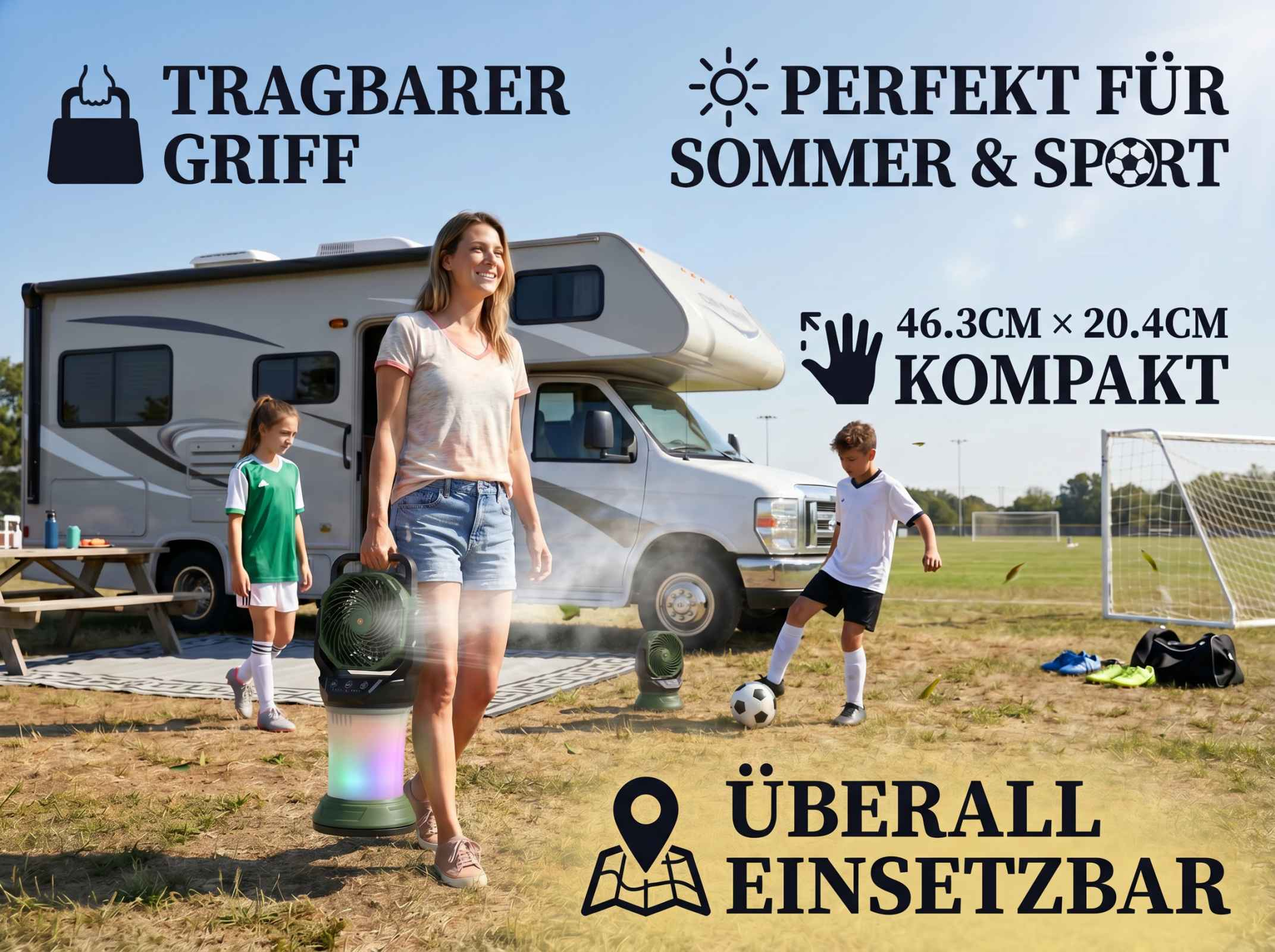 Familie am Wohnmobil mit tragbarem Ventilator, perfekt für Sommer & Sport.