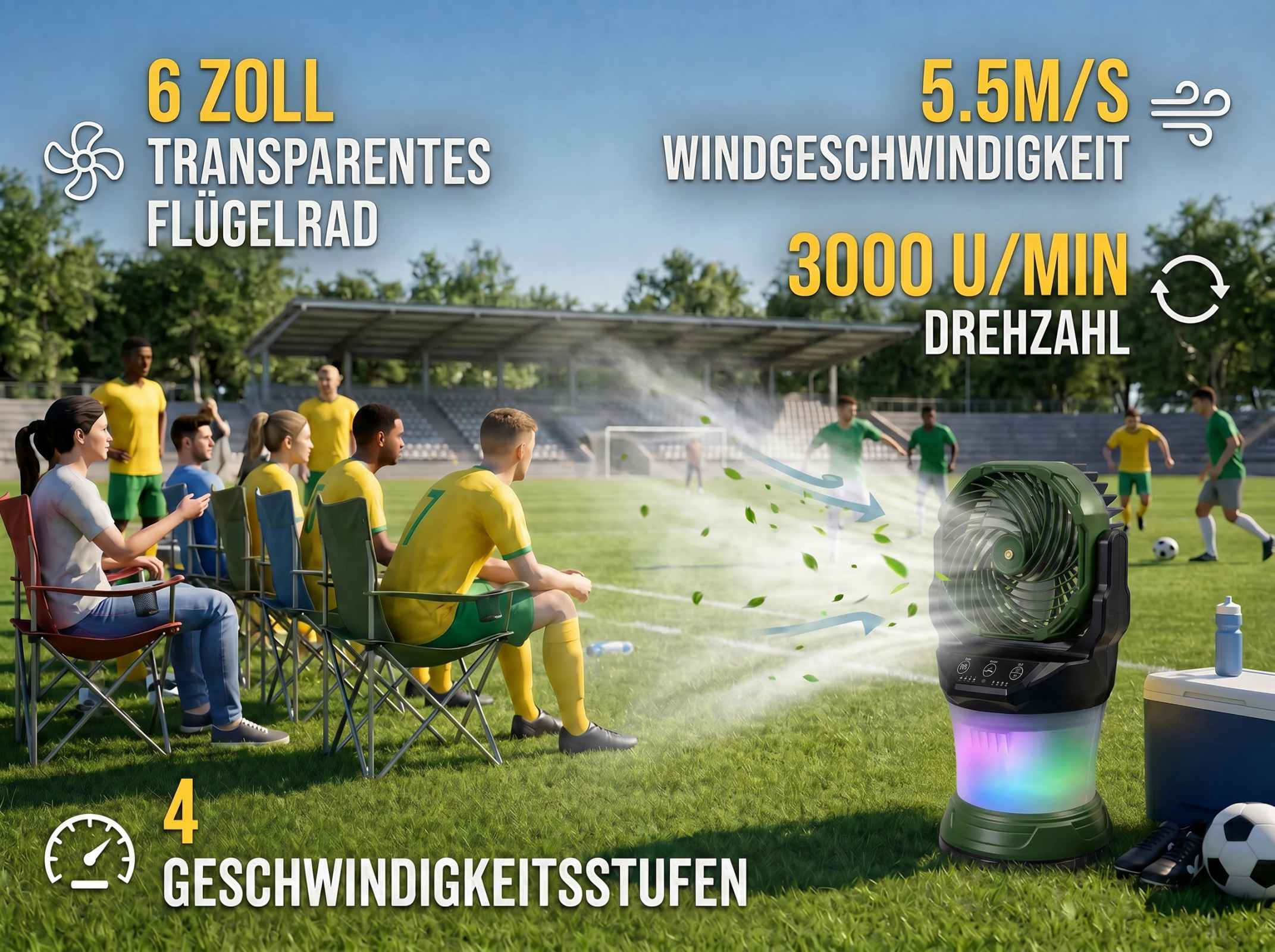 Ein Ventilator auf einem Fußballfeld, daneben Spieler und Trainer.