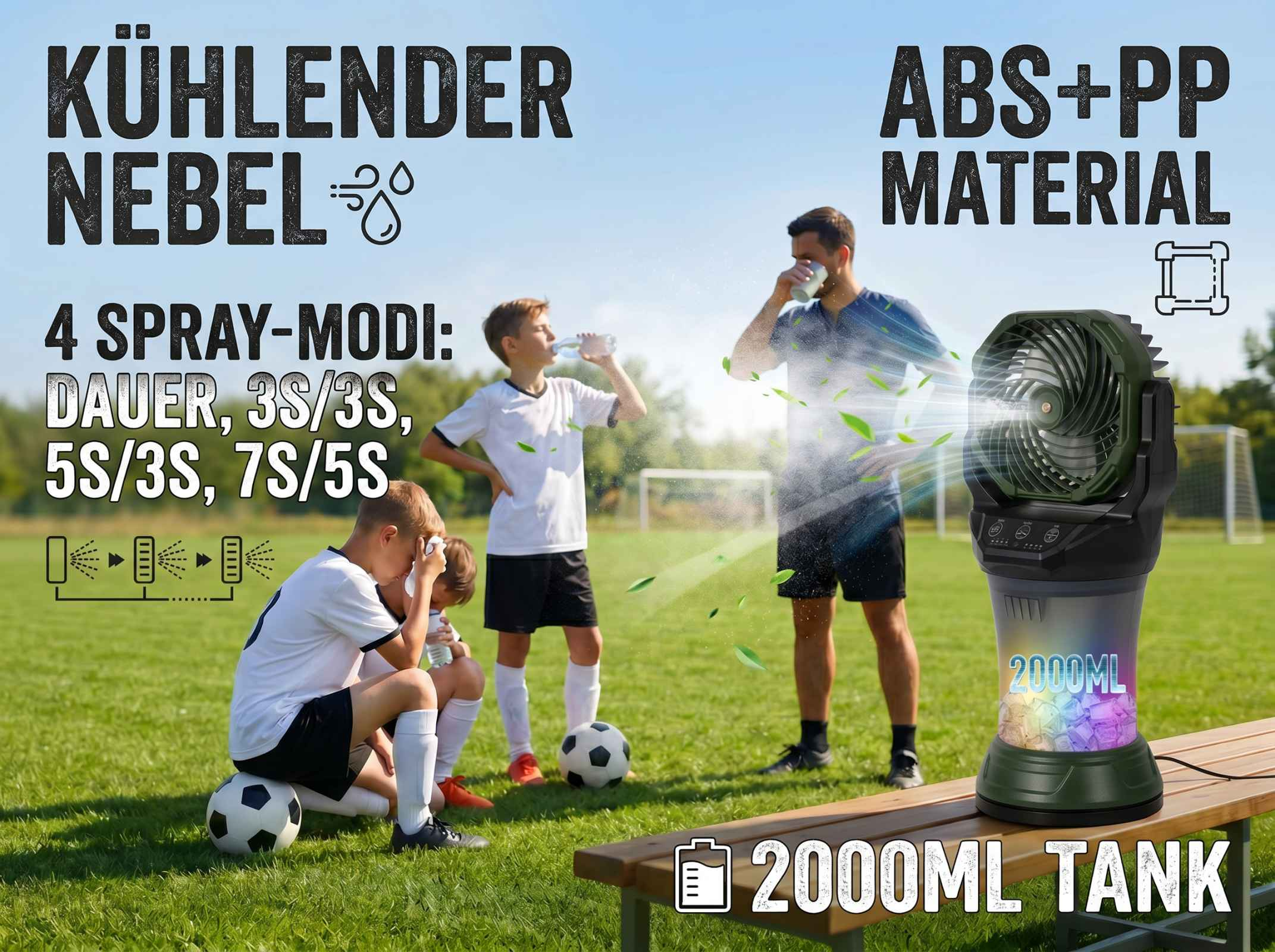 Kühlender Nebel-Fan mit 2000 ml Tank, ABS+PP Material, auf einem Fußballfeld.