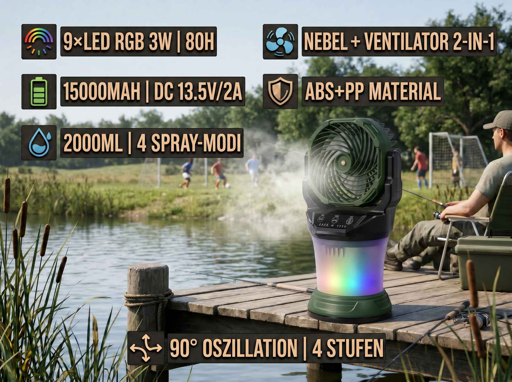 Ein Nebelventilator mit RGB-Licht auf einem Holzsteg am Wasser.