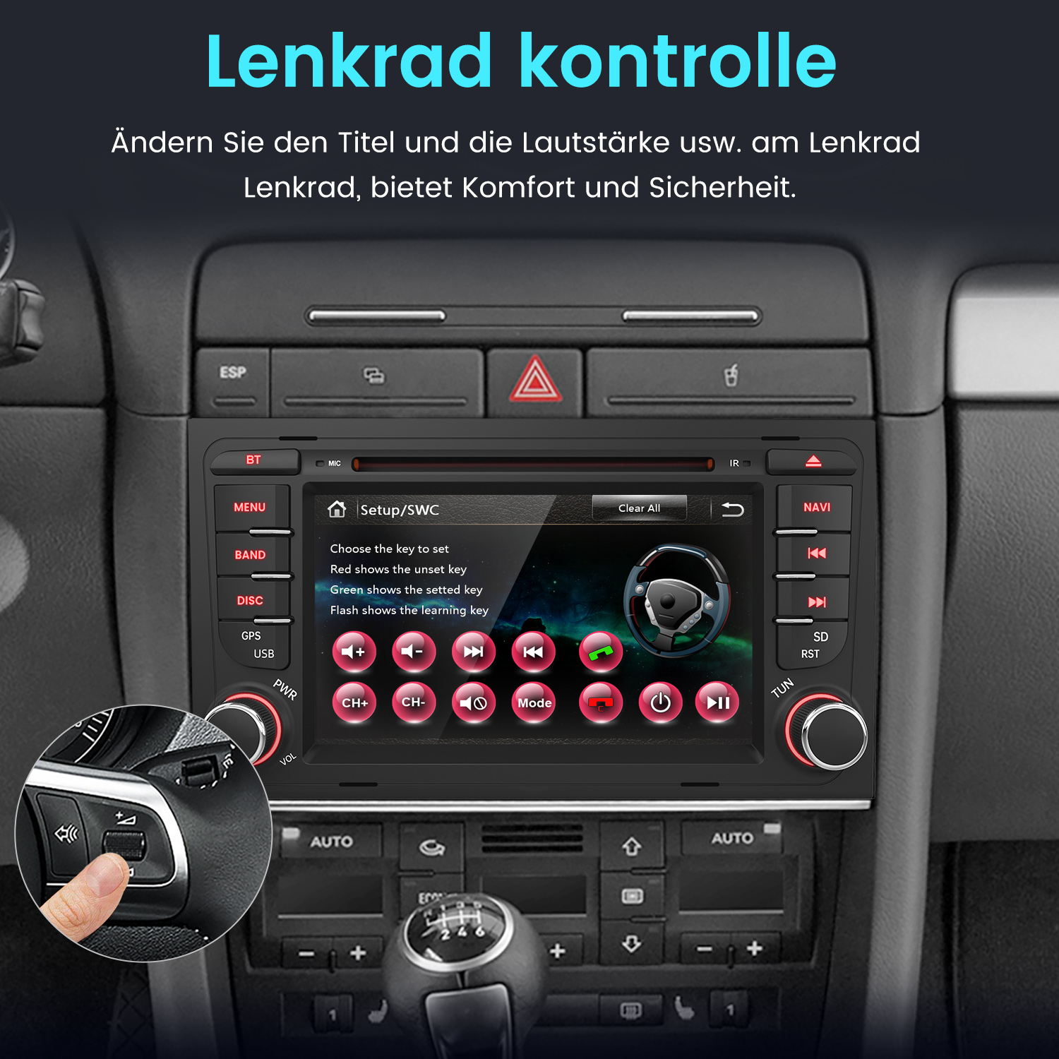 Autoinnenraum mit Fokus auf das Infotainmentsystem und Lenkradsteuerung.