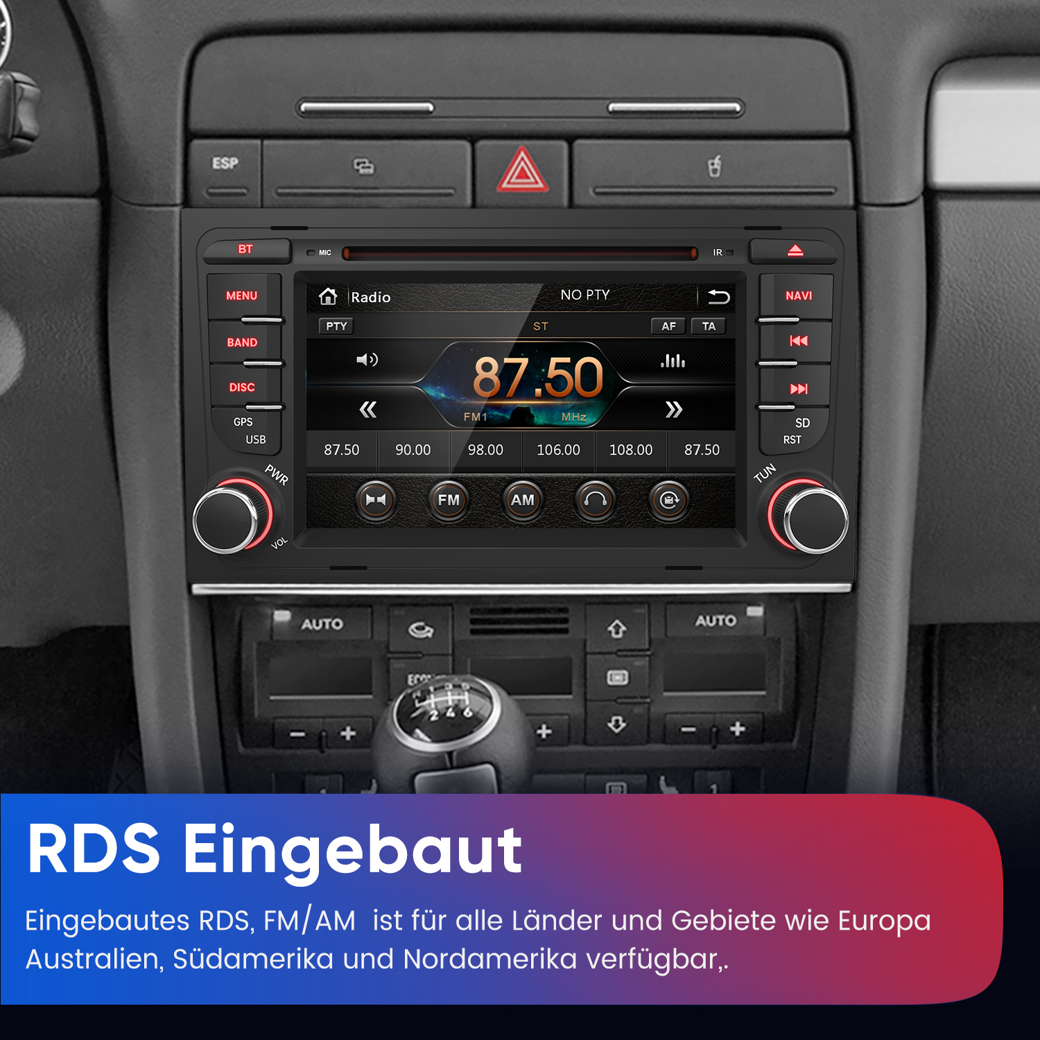 Auto-Radio mit RDS, FM/AM und Navigationsfunktionen.