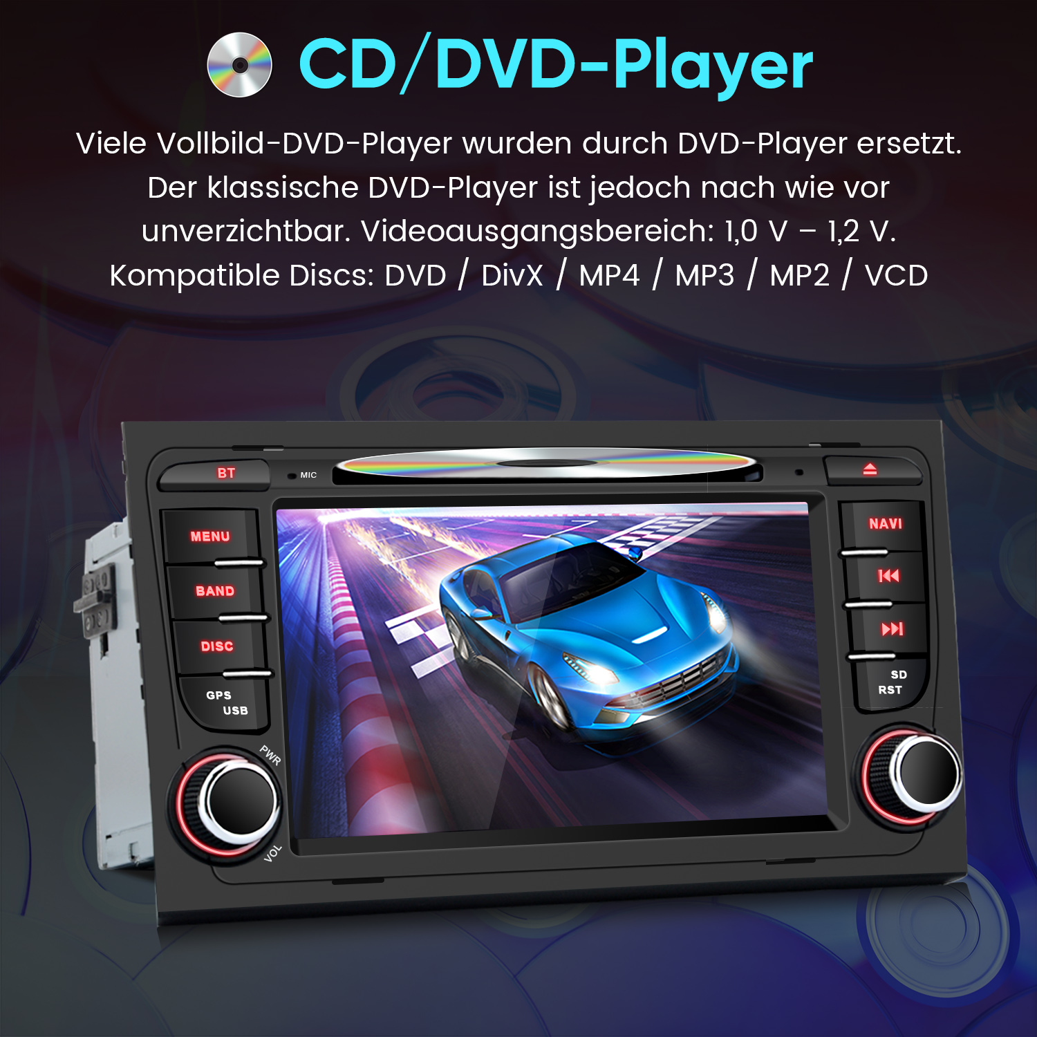 Ein CD/DVD-Player mit einem blauen Sportwagen auf dem Bildschirm.