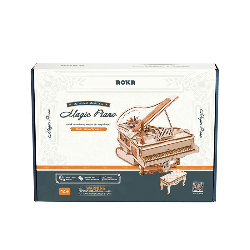 Boîte pour boîte à musique mécanique ROKR Magic Piano. Comprend un modèle de piano 3D en bois.