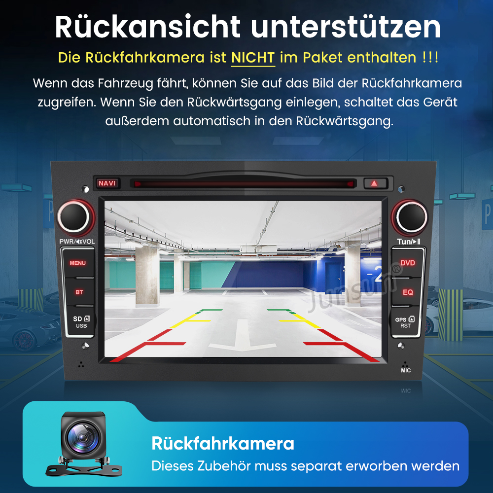 Ein Autoradio zeigt eine Rückfahrkamera-Ansicht eines Parkhauses.