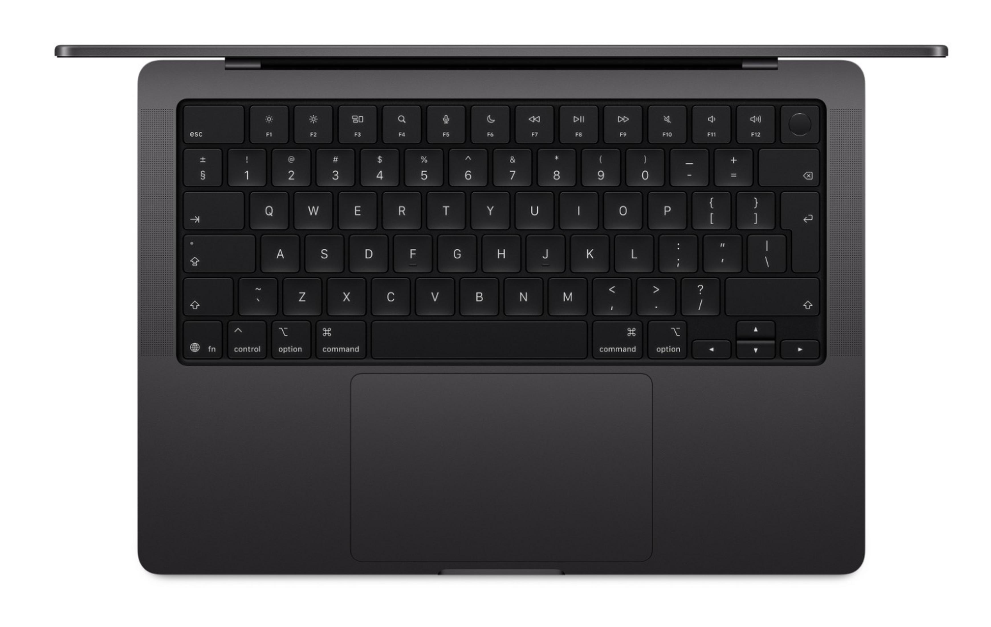 Ordinateur portable gris foncé, couvercle ouvert, vue de dessus du clavier.