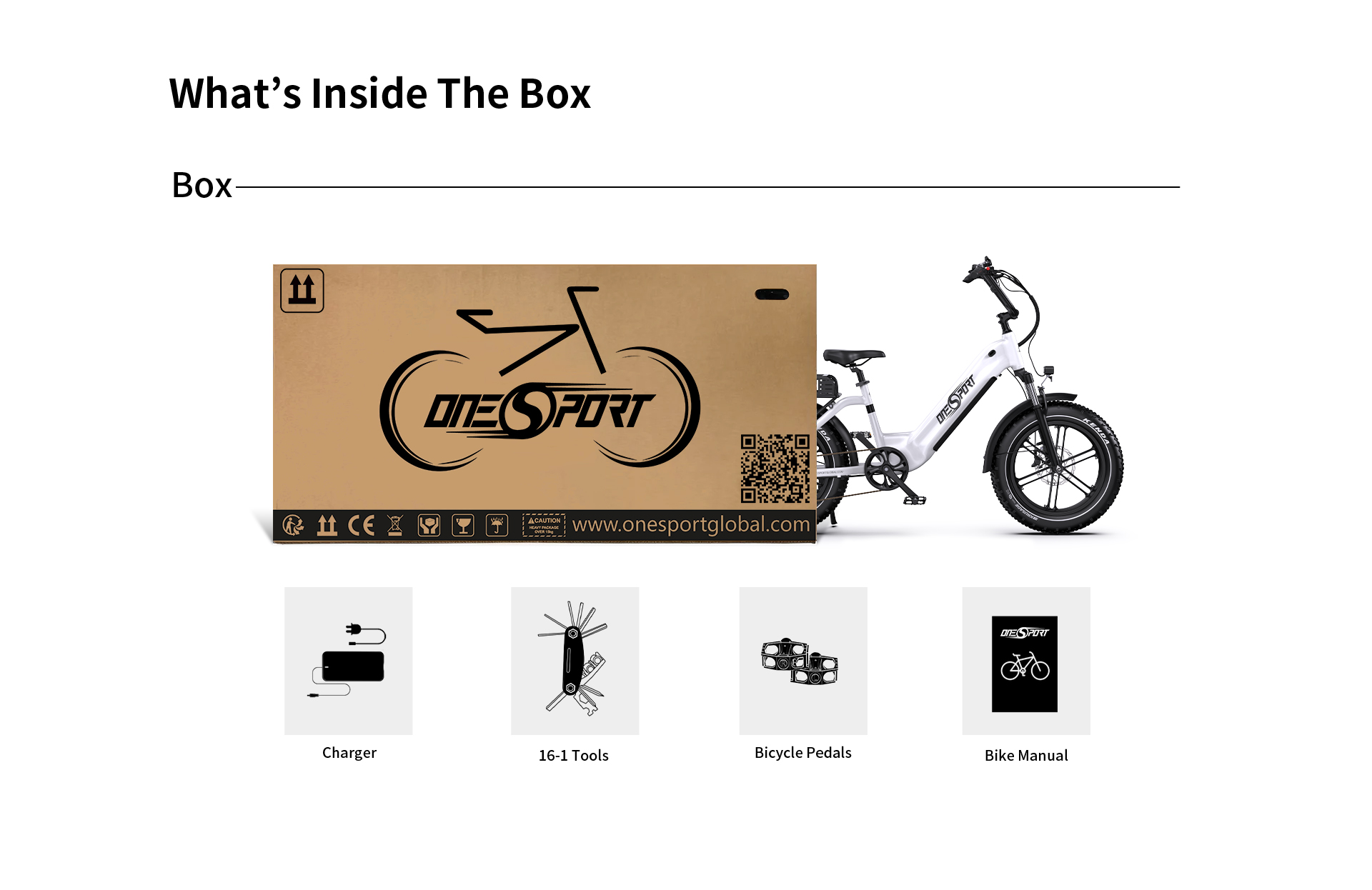 Box-Inhalt: E-Bike, Ladegerät, Werkzeug, Pedale und Handbuch.