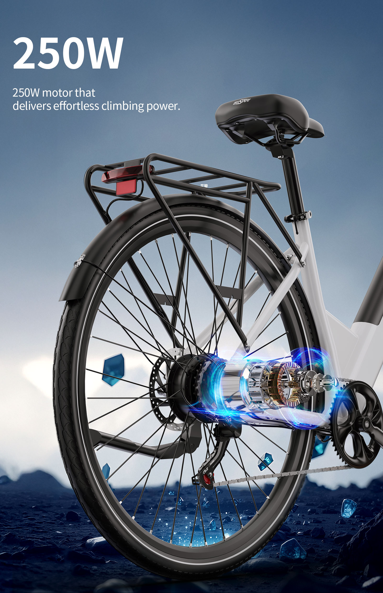 Nahaufnahme eines Fahrrads mit 250-W-Motor und detailliertem Blick auf das Getriebe.