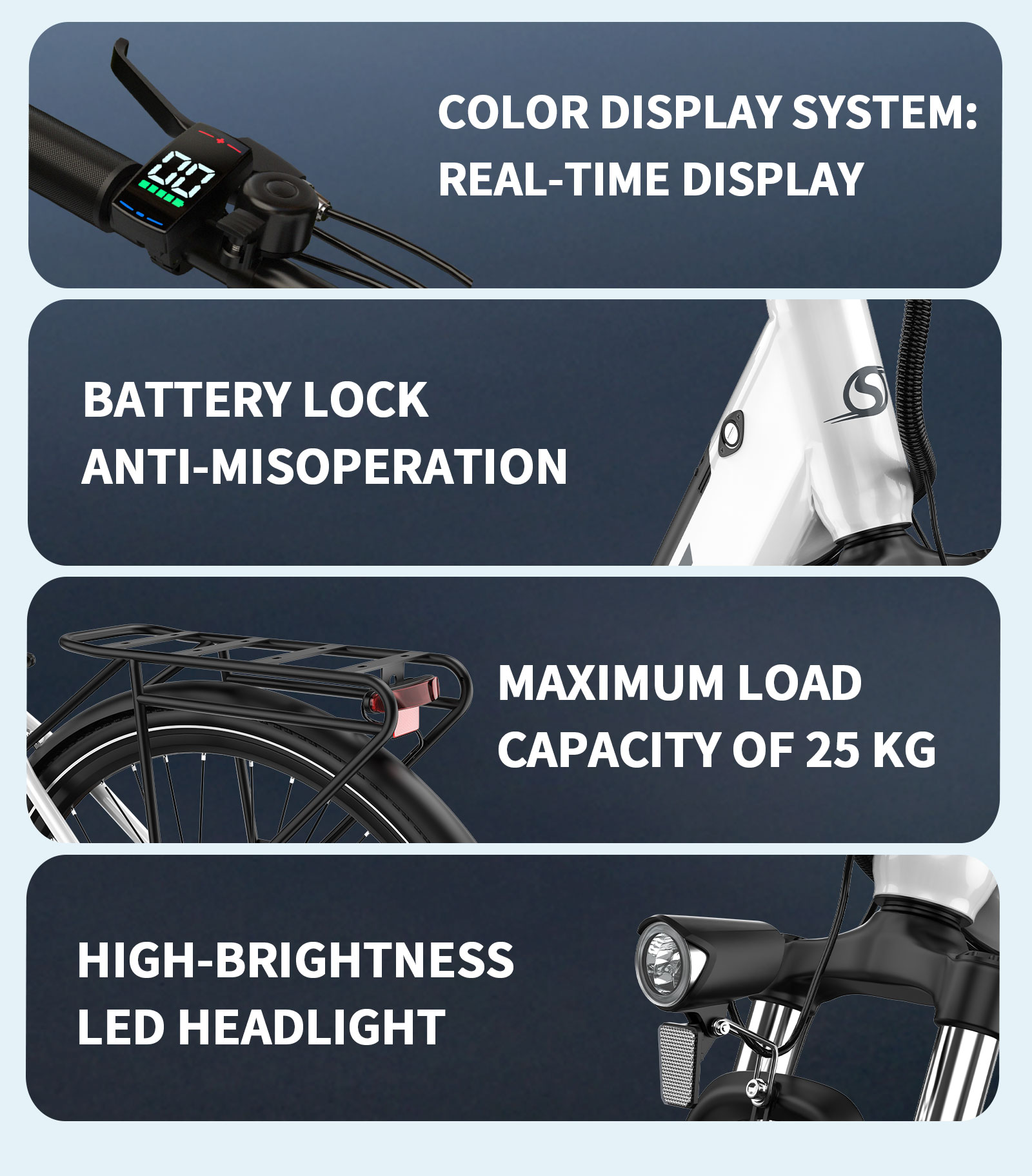 E-Bike-Funktionen: Farbdisplay, Akkusperre, 25kg Ladekapazität, LED-Scheinwerfer.