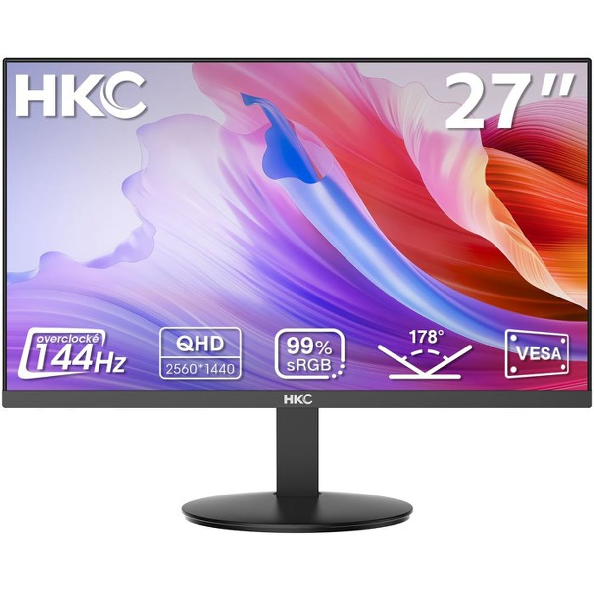 Monitor HKC 27 pollici QHD, 144Hz, 99% sRGB, 178°, supporto VESA.