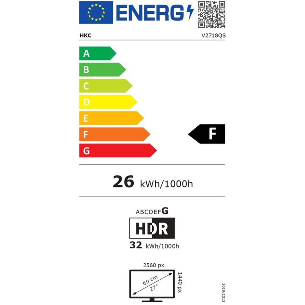 Etichetta energetica scala A-G, classe F, 26 kWh/1000h, monitor HDR da 27 pollici.