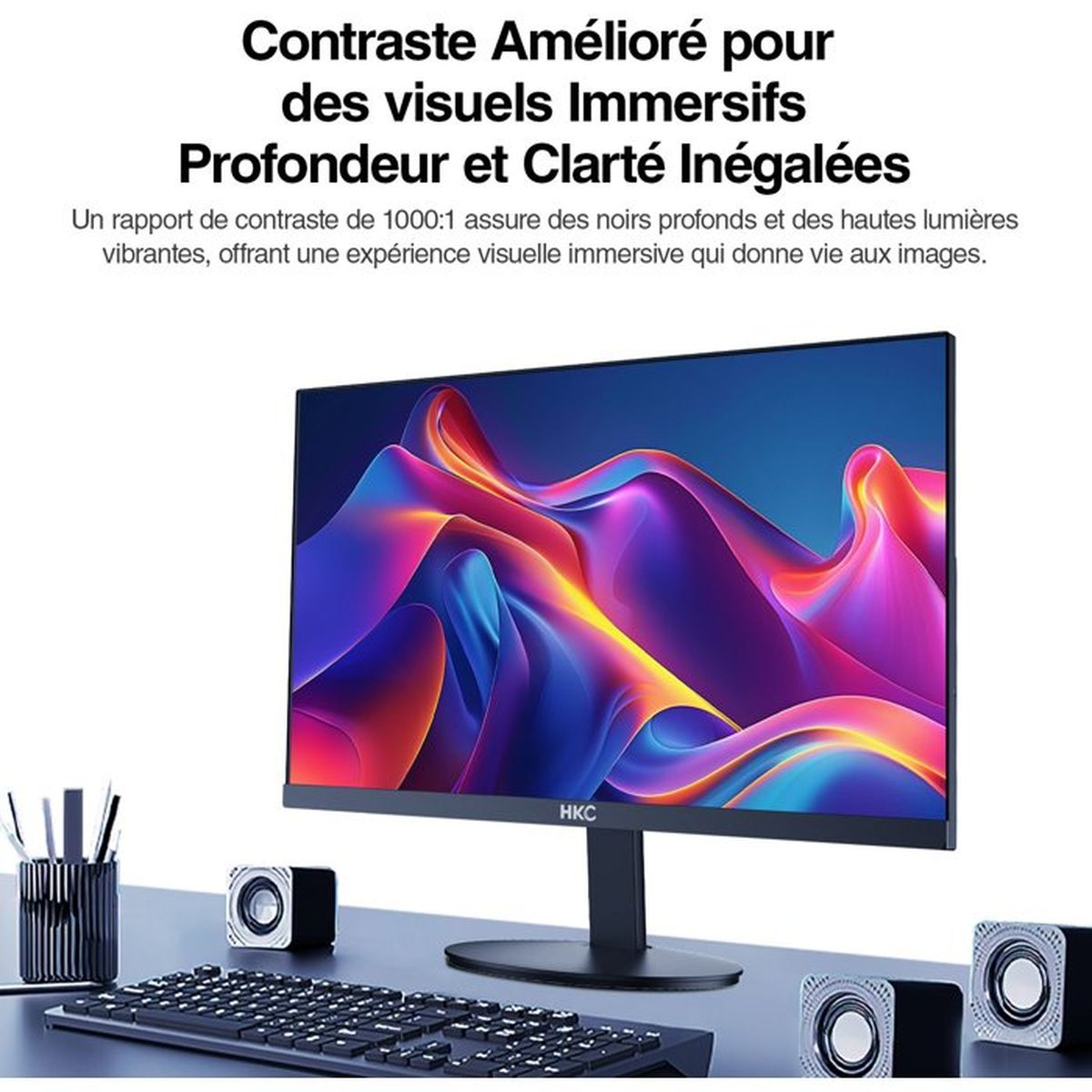 Un monitor moderno con grafica vibrante, tastiera e altoparlanti.