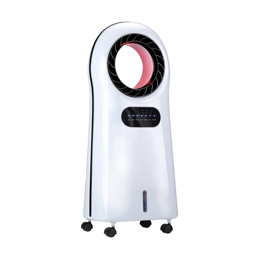 Ein weißer Turmventilator mit einem runden oberen Lüftungsschlitz und einem Bedienfeld.