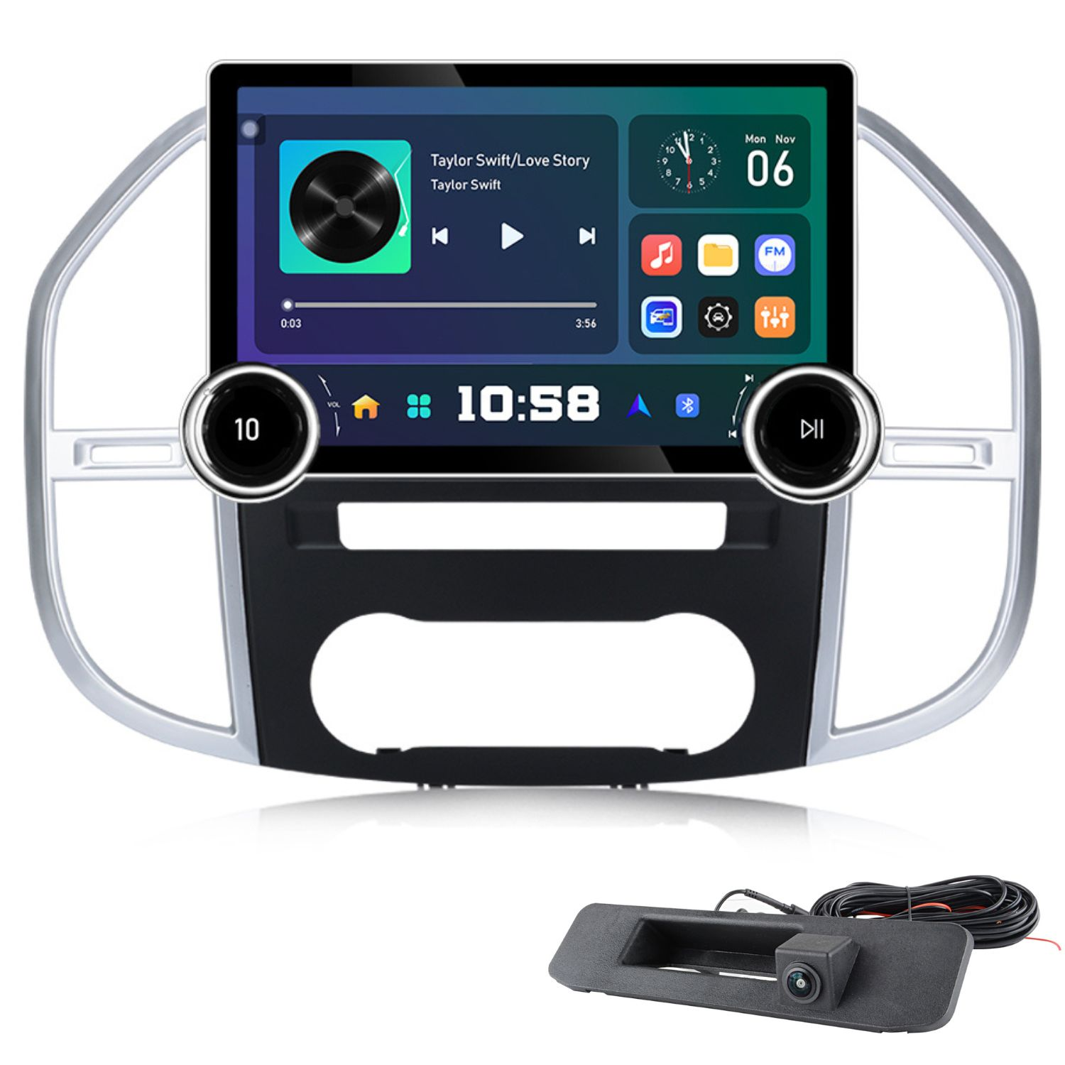 Autoradio mit Touchscreen, spielt Taylor Swift, zeigt Uhrzeit und Datum. Hinten ist eine Rückfahrkamera.