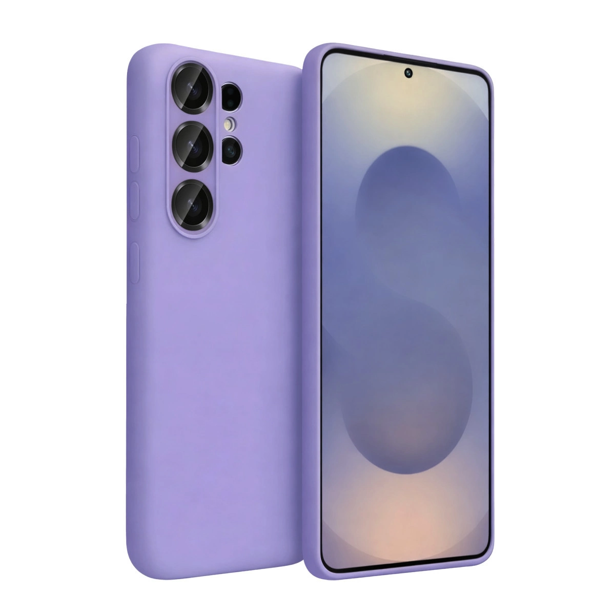 Arkada üç kamera lensi bulunan mor bir akıllı telefon.