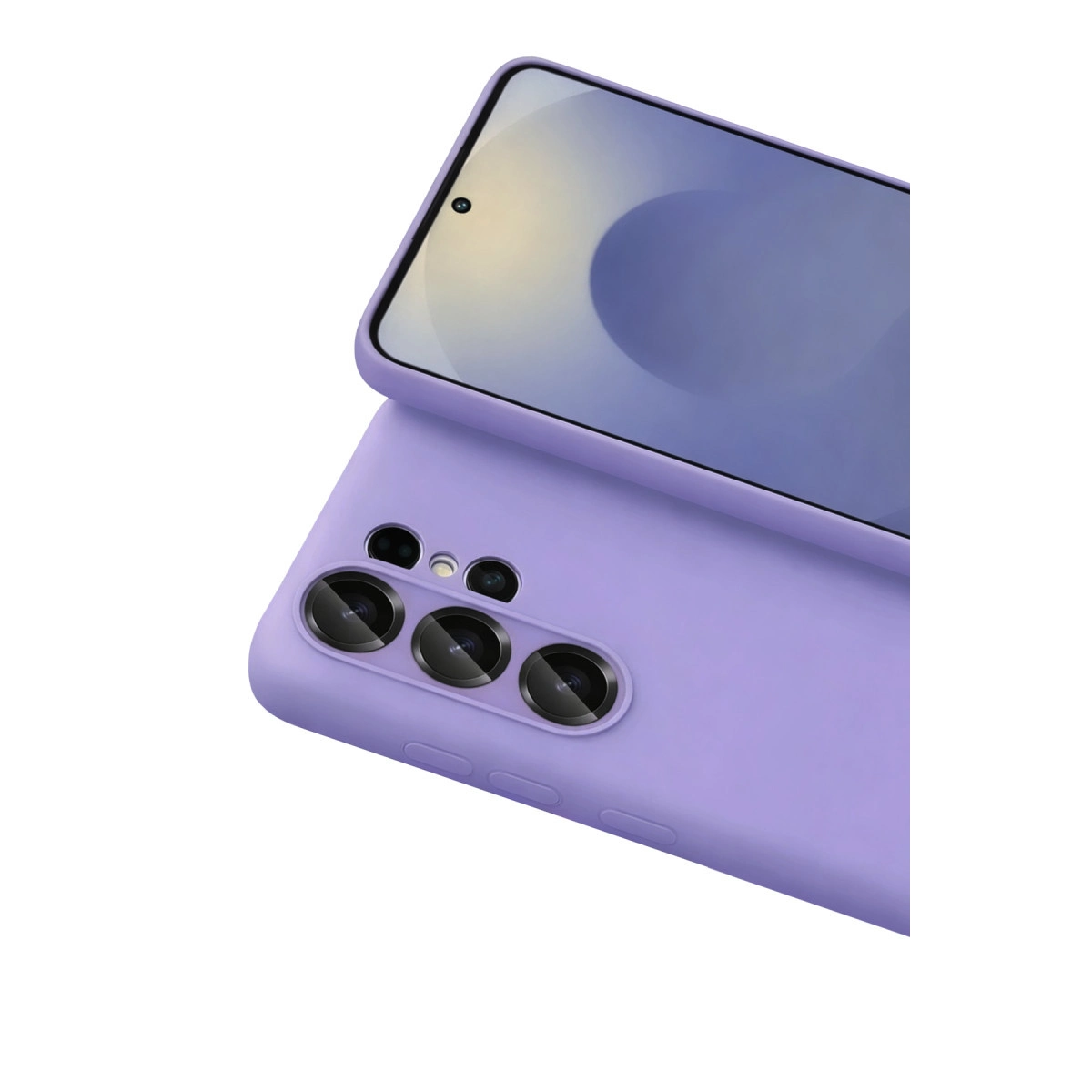Üç kamera lensi ve ekranlı mor telefon kılıfı.