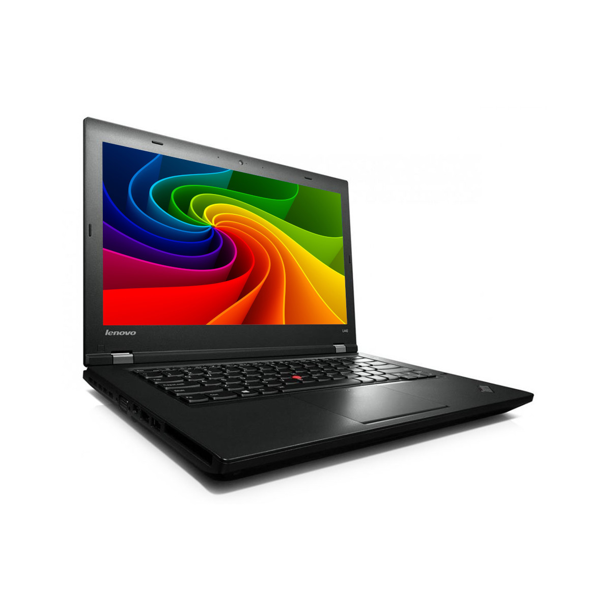 Schwarzer Lenovo Laptop mit buntem Hintergrund auf dem Bildschirm.
