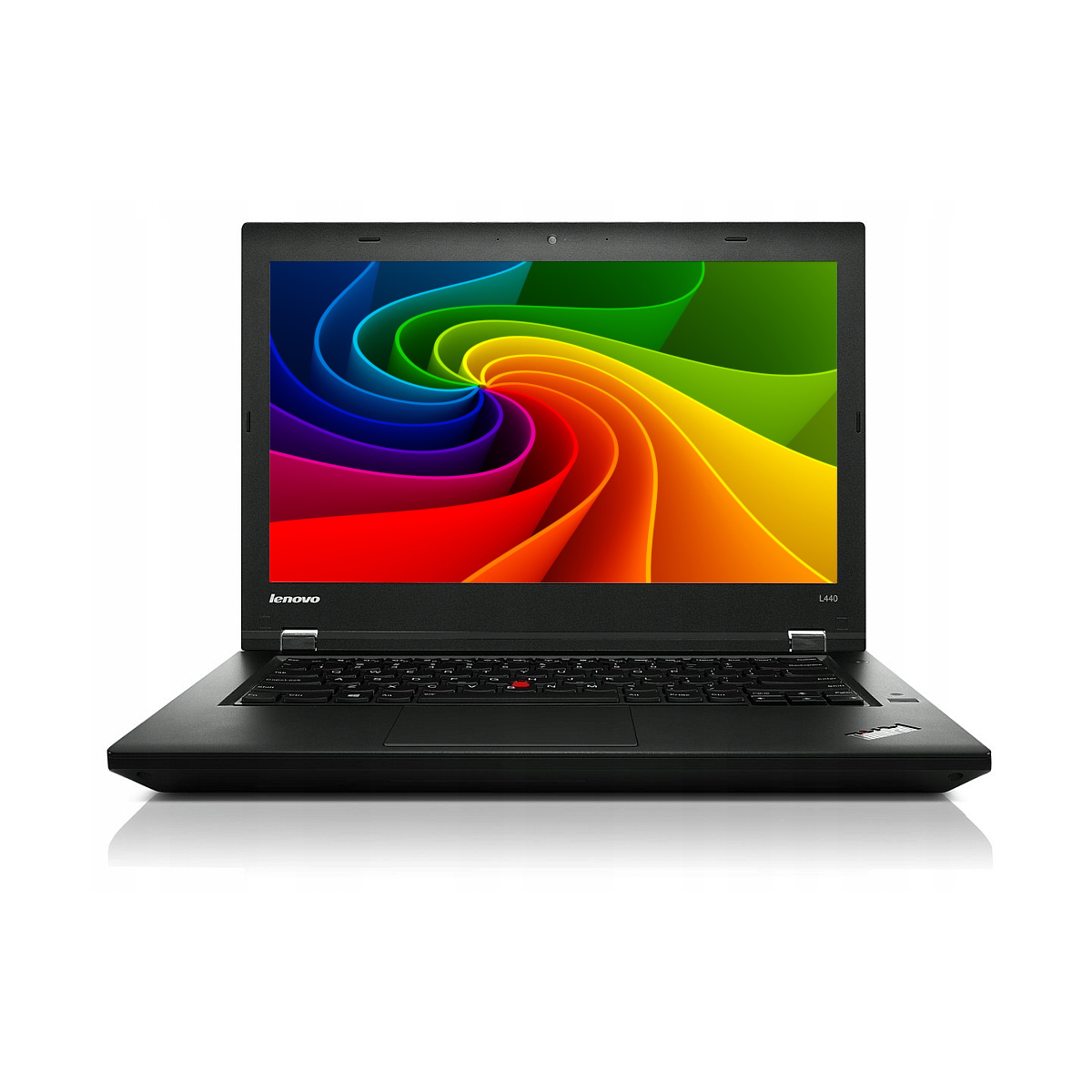 Ein schwarzer Lenovo Laptop mit einem bunten Hintergrundbild auf dem Bildschirm.