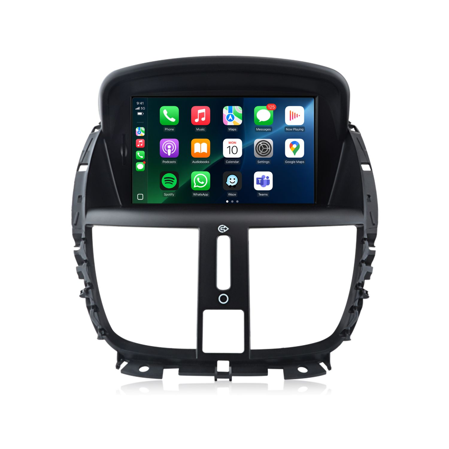 Ein Autoradio-Display mit verschiedenen App-Symbolen wie Telefon, Musik und Karten.
