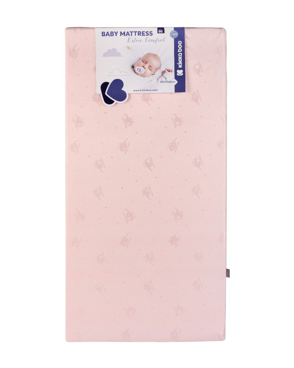 Eine rosafarbene Baby-Matratze mit einem Muster aus kleinen Zeichentieren, vorne ist ein Etikett.