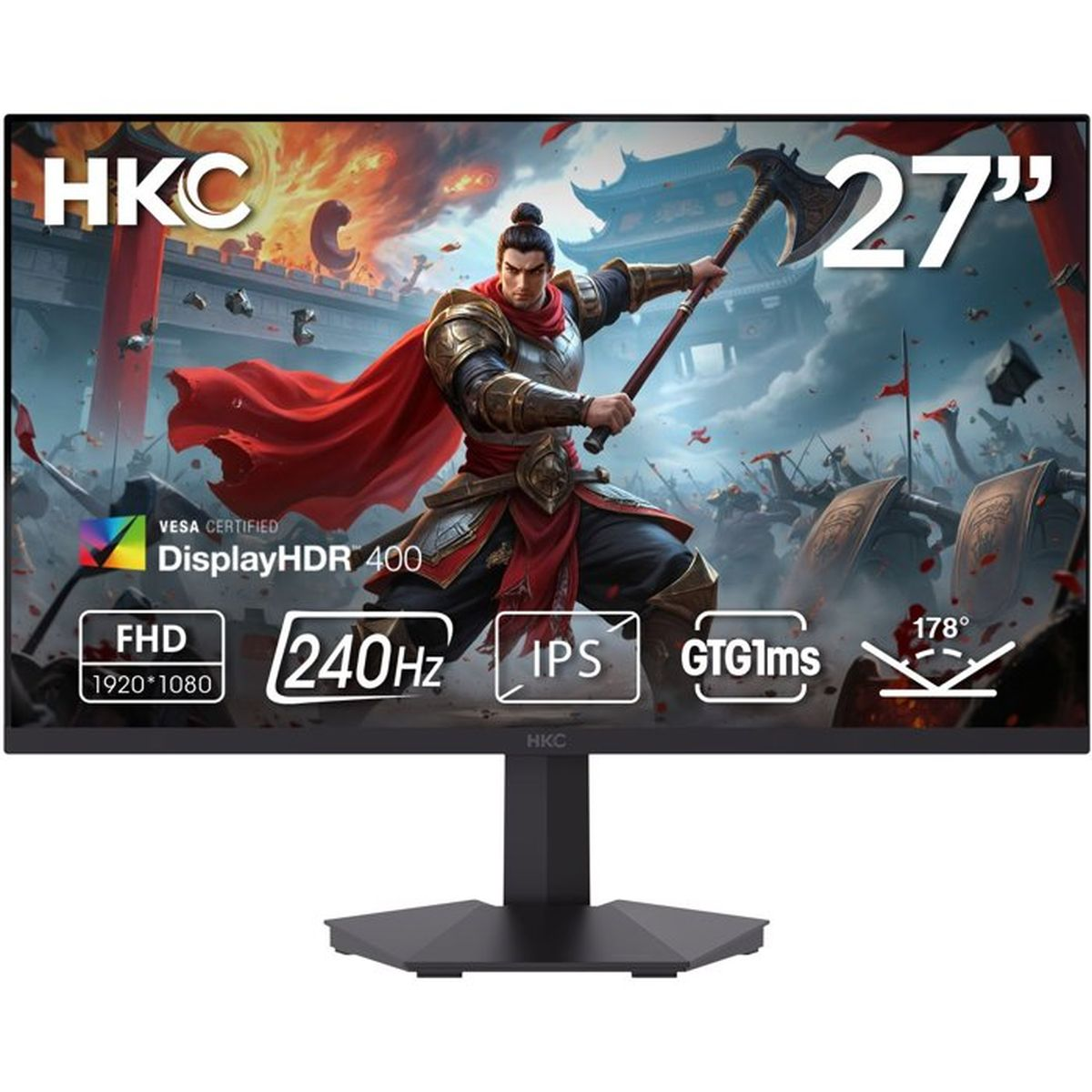 Un monitor da 27 pollici mostra un guerriero sullo schermo, con FHD, 240Hz e VESA DisplayHDR 400.