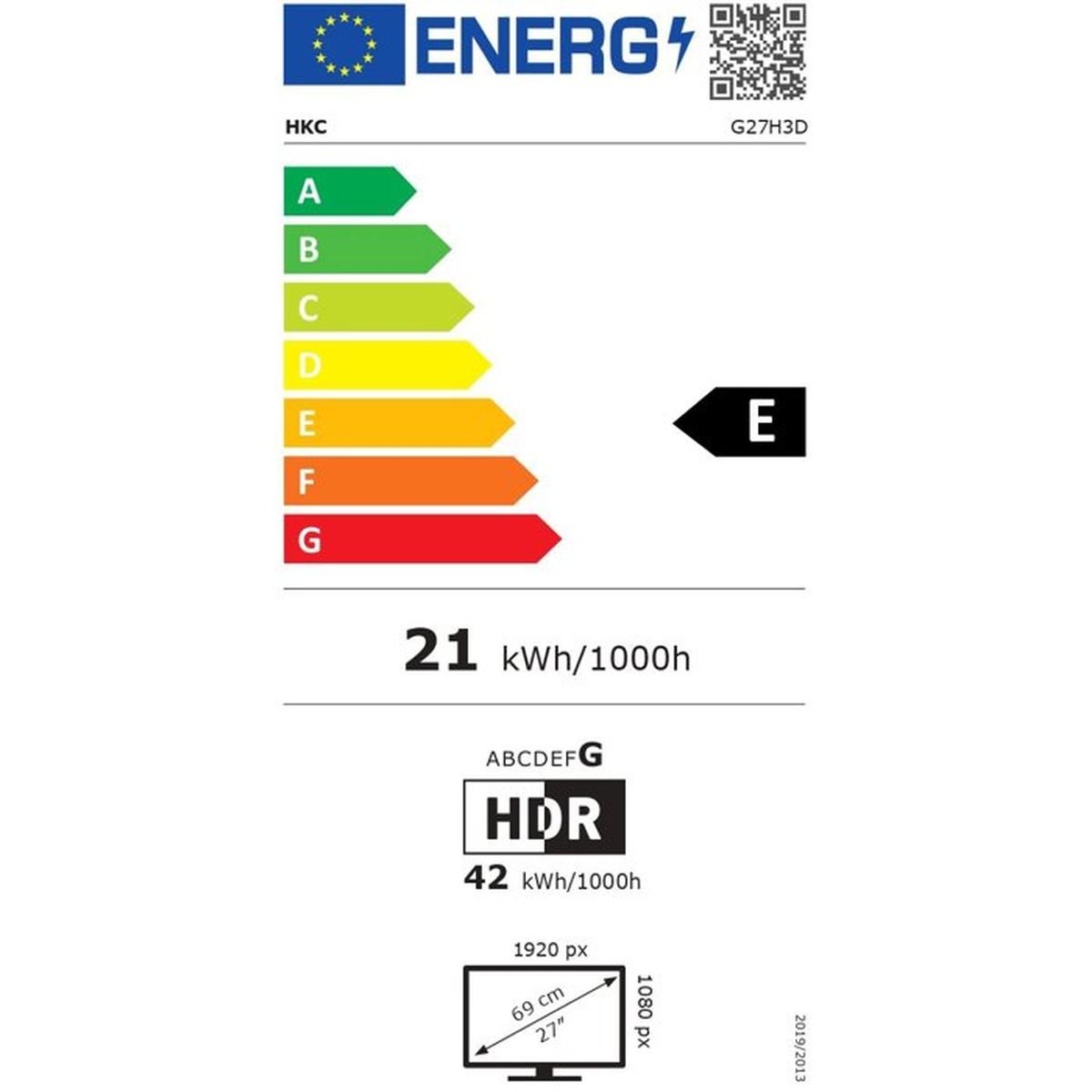 Etichetta energetica scala A-G, efficienza E, 21 kWh/1000h, HDR, 42 kWh/1000h.
