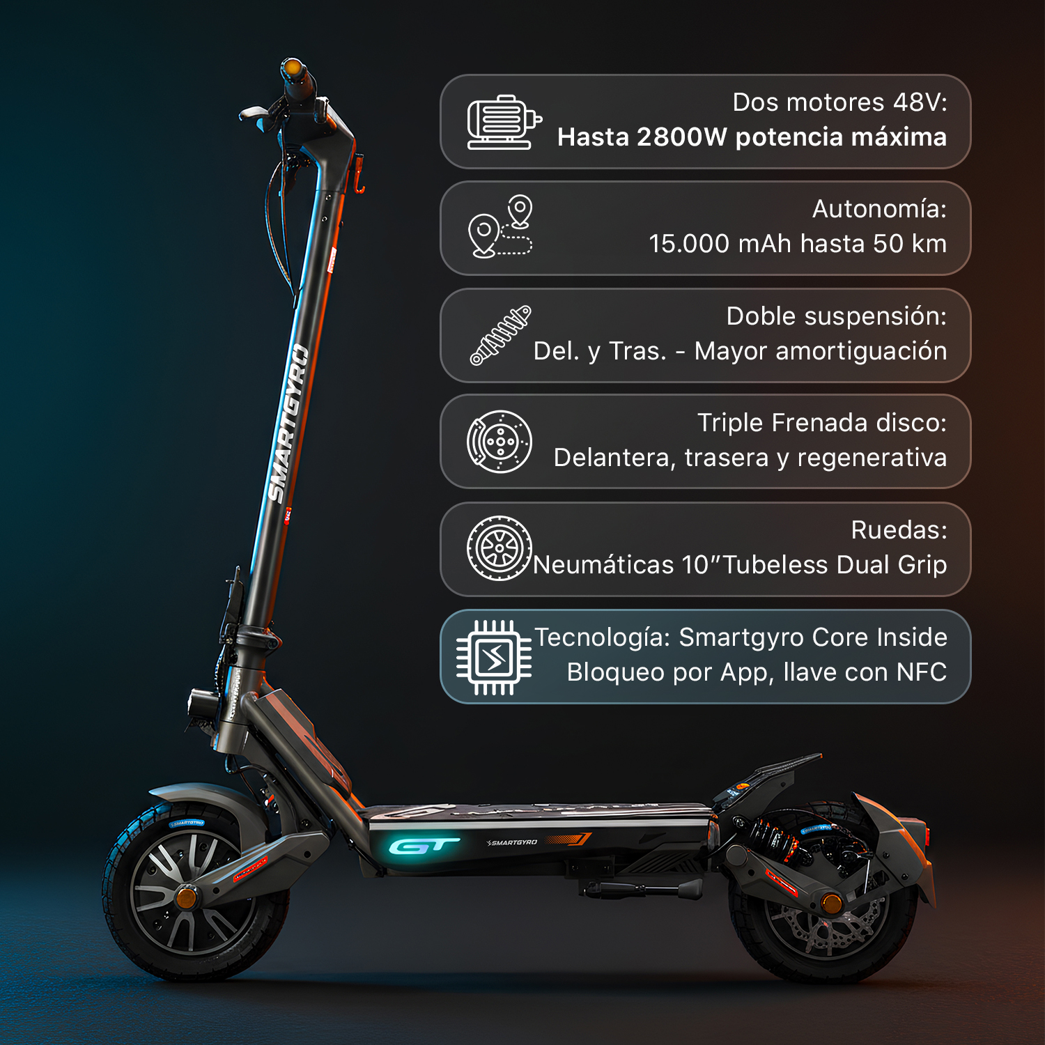 Un patinete eléctrico negro con detalles naranjas y especificaciones técnicas.
