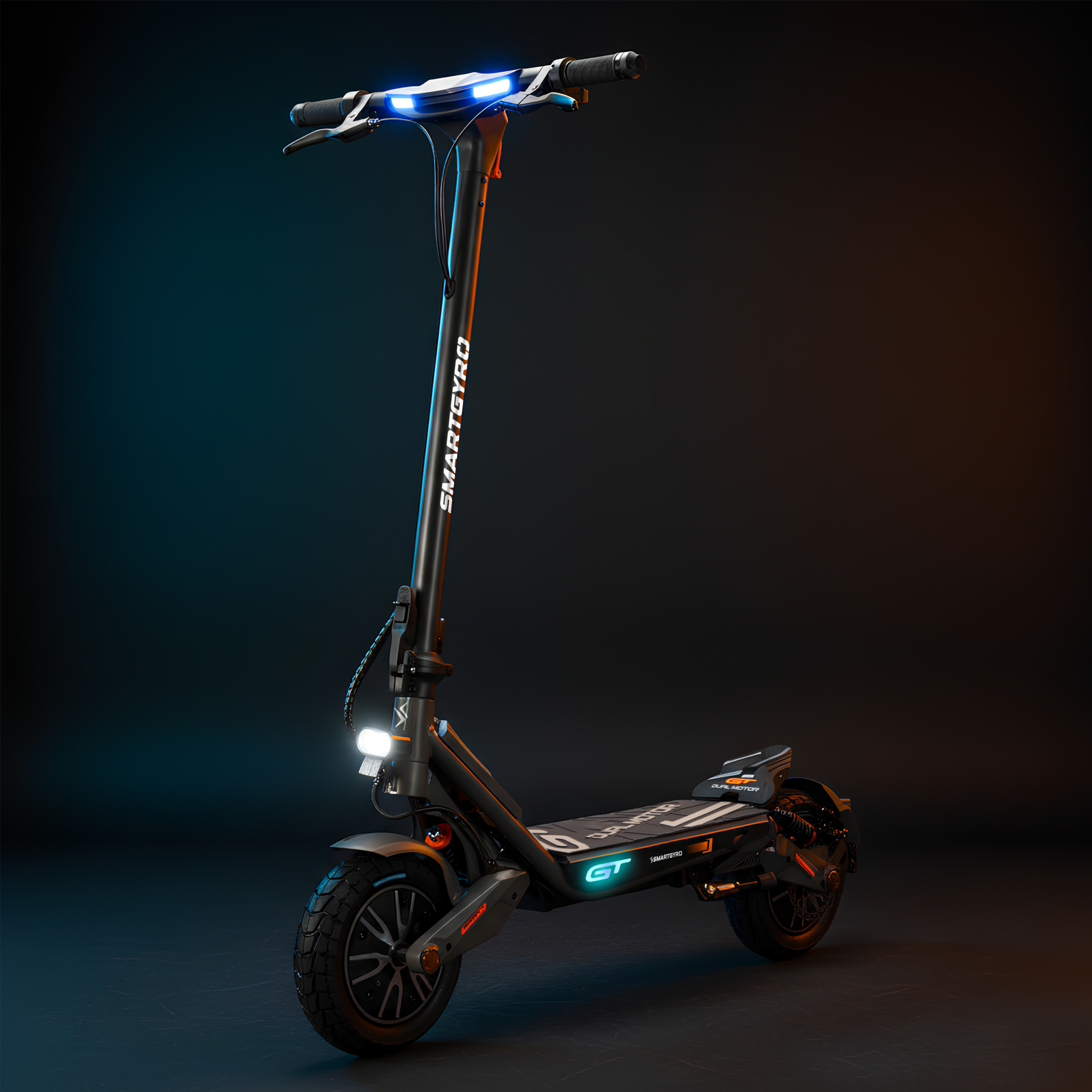 Un patinete eléctrico negro con luces azules en el manillar y faro.