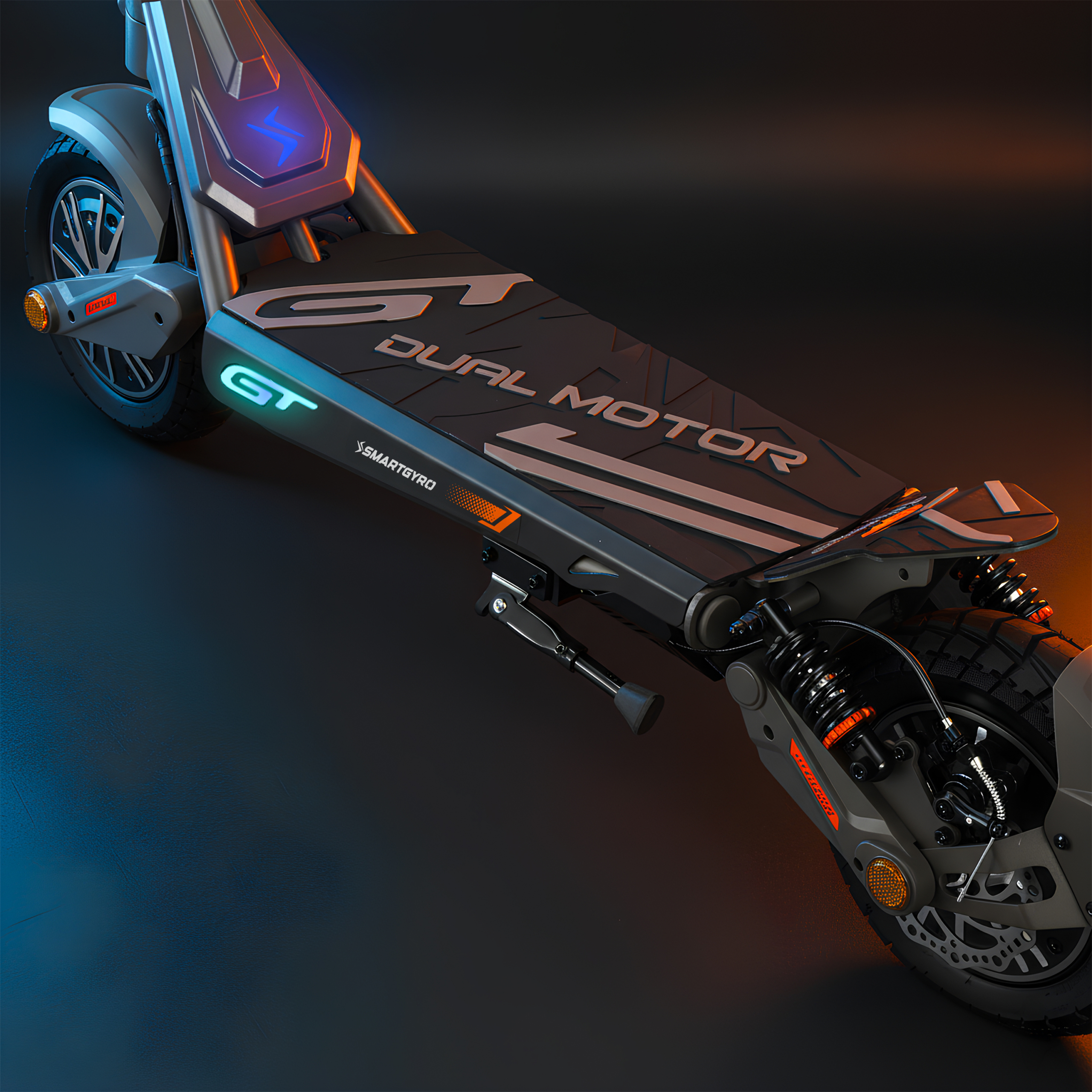 Un patinete eléctrico gris con texto "DUAL MOTOR" y luces azules.