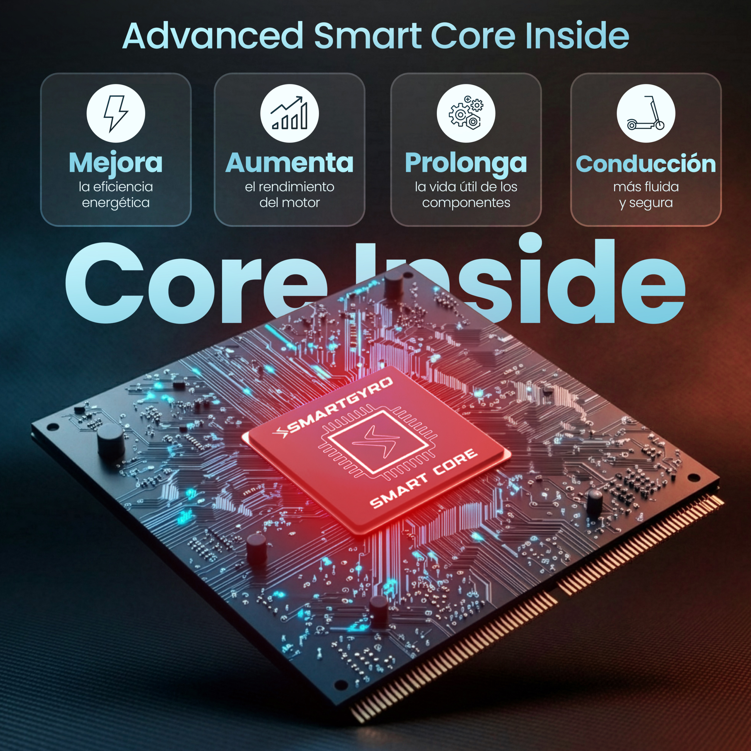 Un chip rojo con "SMARTGYRO SMART CORE" en una placa de circuito.