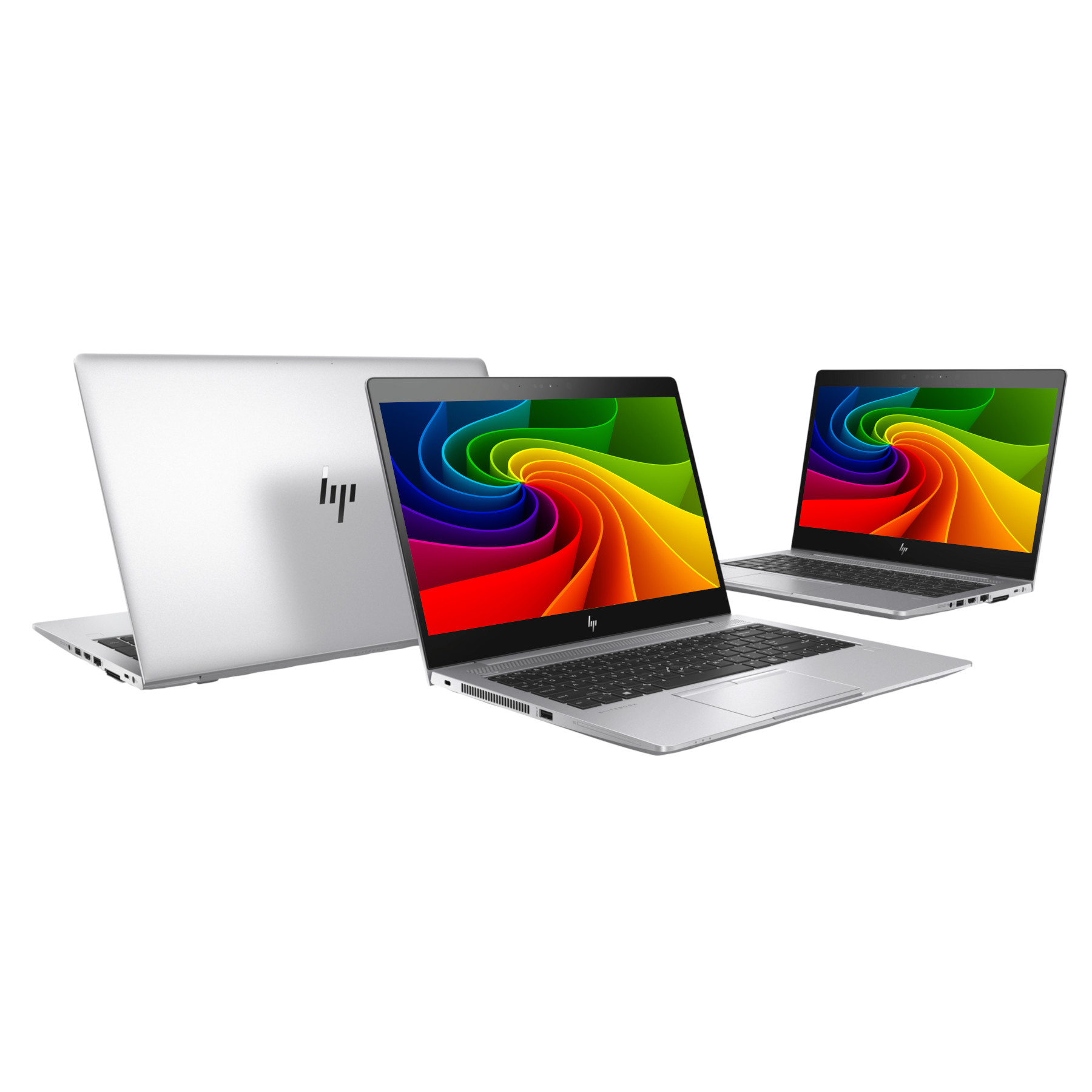 Drei silberne Laptops mit bunten Bildschirmen auf weißem Hintergrund.