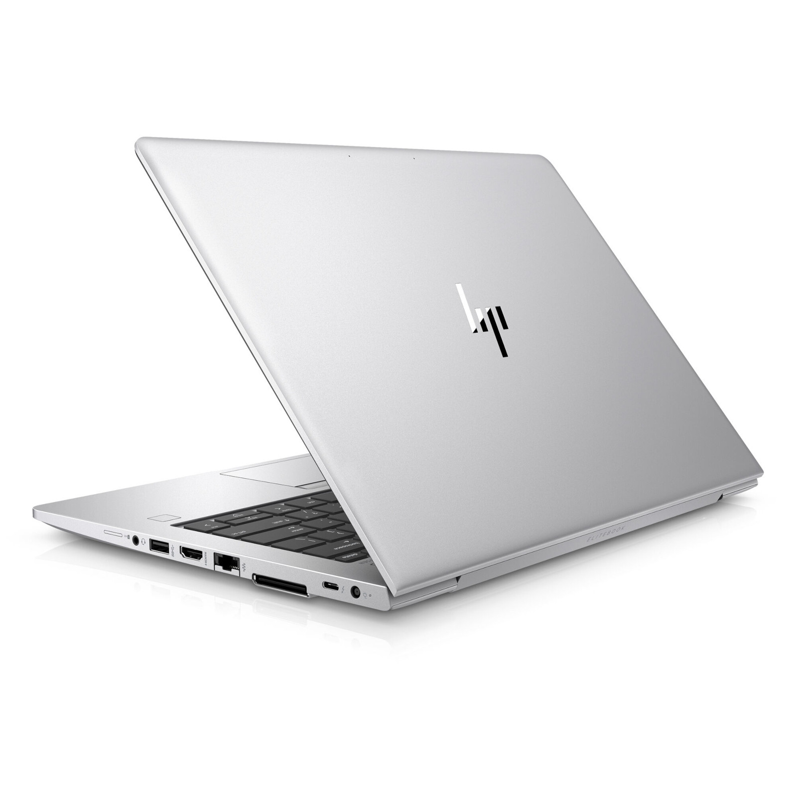 Silberner HP Elitebook Laptop, geöffnet, mit Tastatur und Anschlüssen.