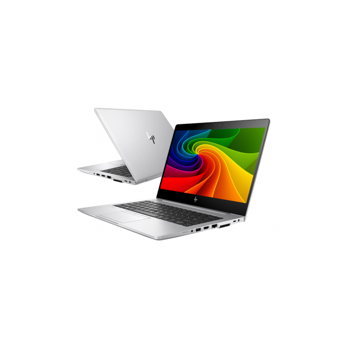 Zwei silberne Laptops, einer geöffnet mit bunter Bildschirmgrafik.