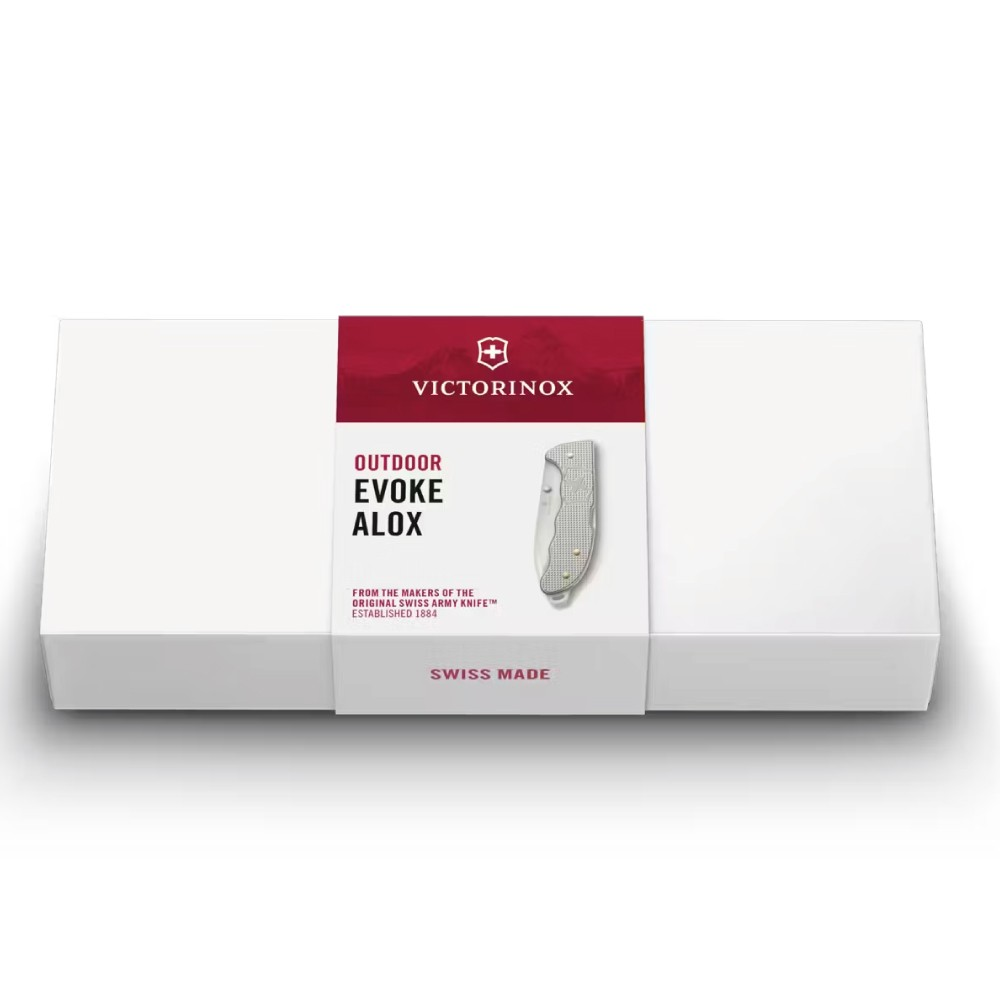 Victorinox logolu beyaz kutu, gümüş bıçak ve şu metni gösteriyor: Outdoor Evoke Alox, Swiss Made.