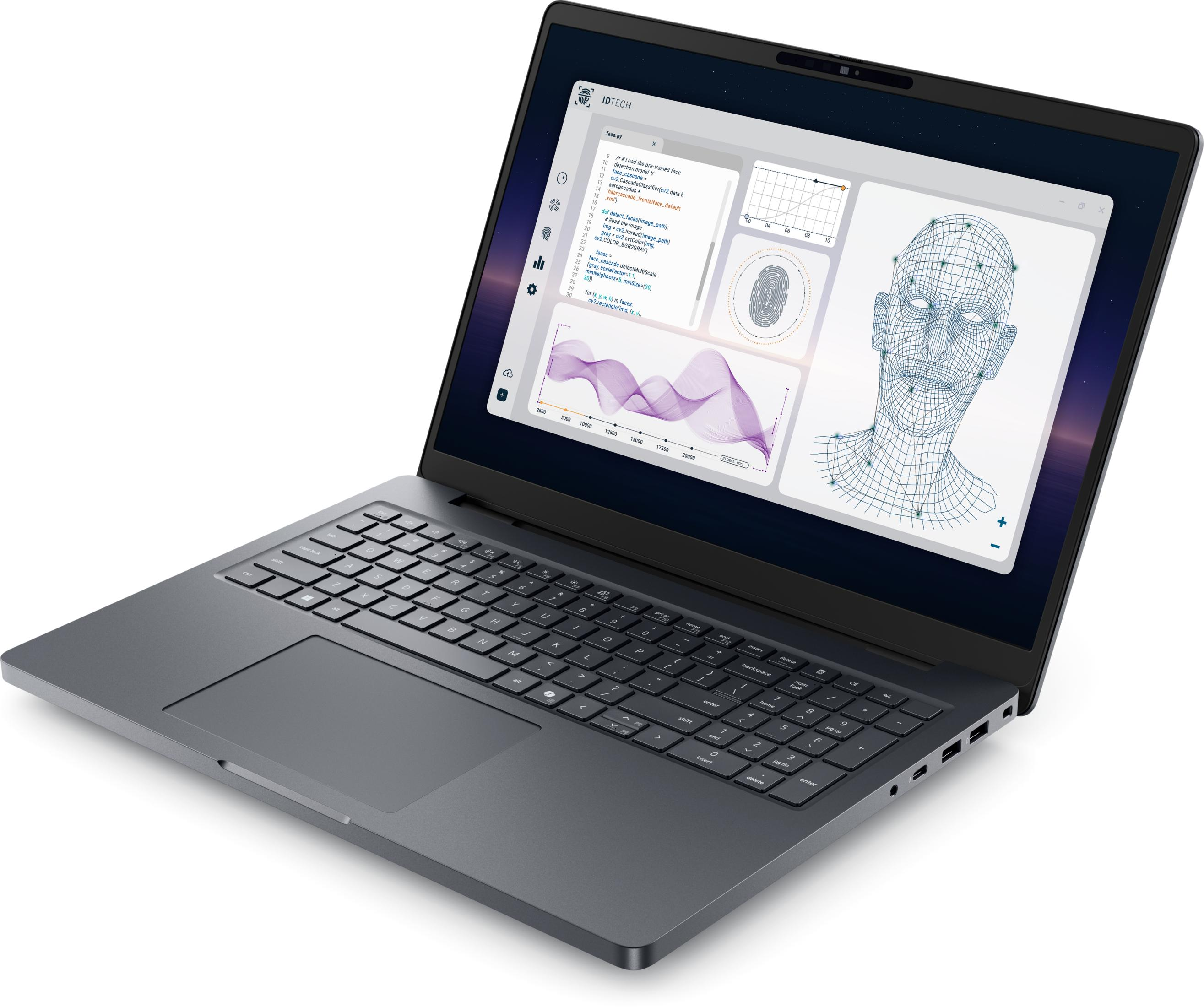Ein geöffneter Laptop mit einer Benutzeroberfläche, die Code, Diagramme und ein Gesichtsgitter zeigt.