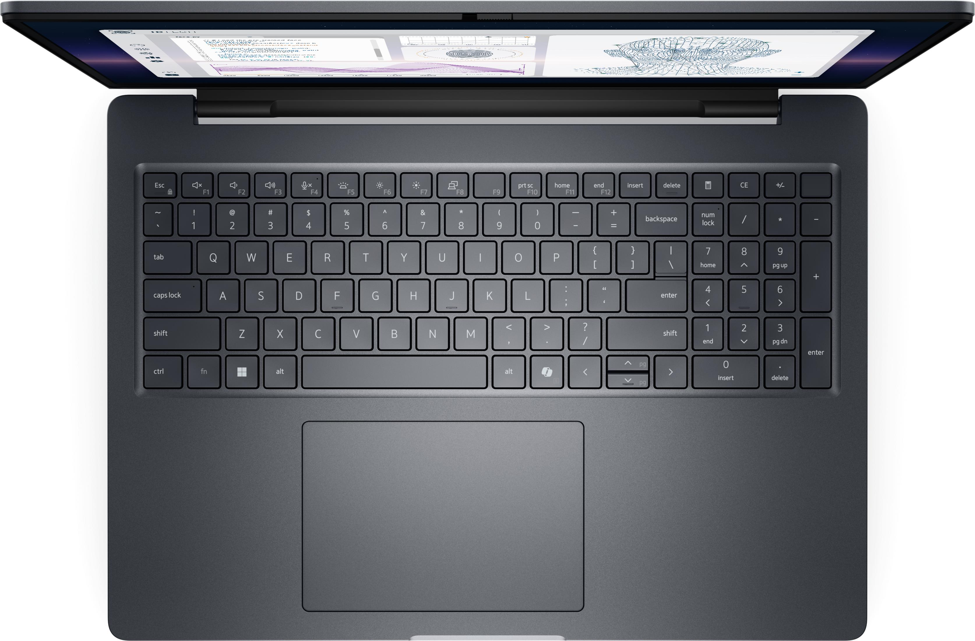 Dunkelgraues Laptop mit geöffnetem Bildschirm, Tastatur und Touchpad.