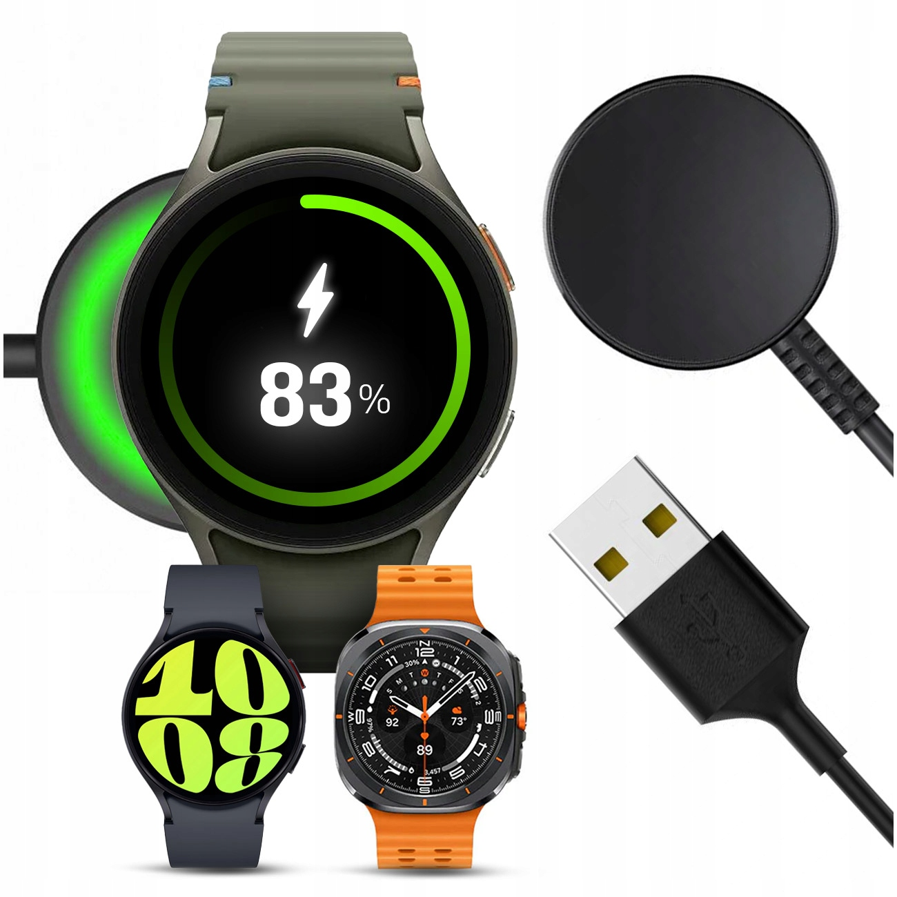 Trzy smartwatche i kabel ładujący USB na białym tle.