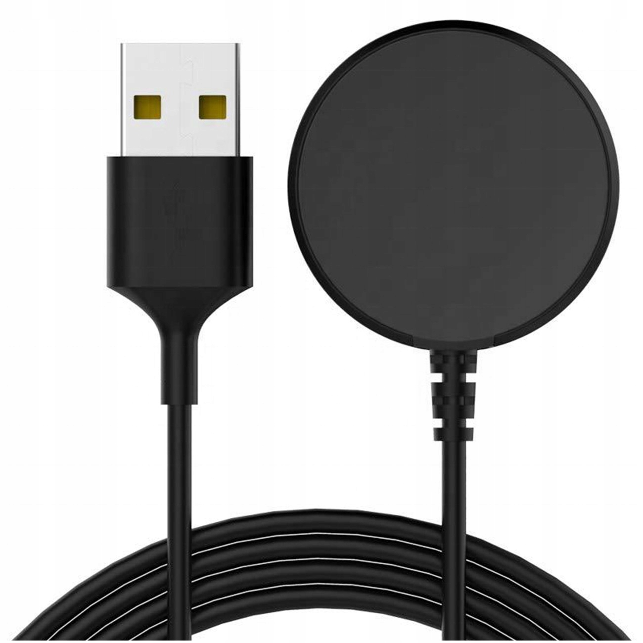 Czarna ładowarka USB z okrągłą podkładką i zwiniętym kablem.