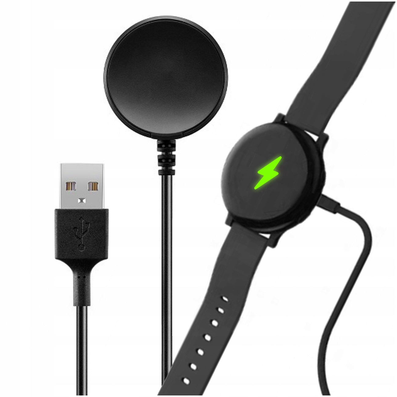 Czarny smartwatch na ładowarce z kablem USB. Zielony błyskawica na ekranie.