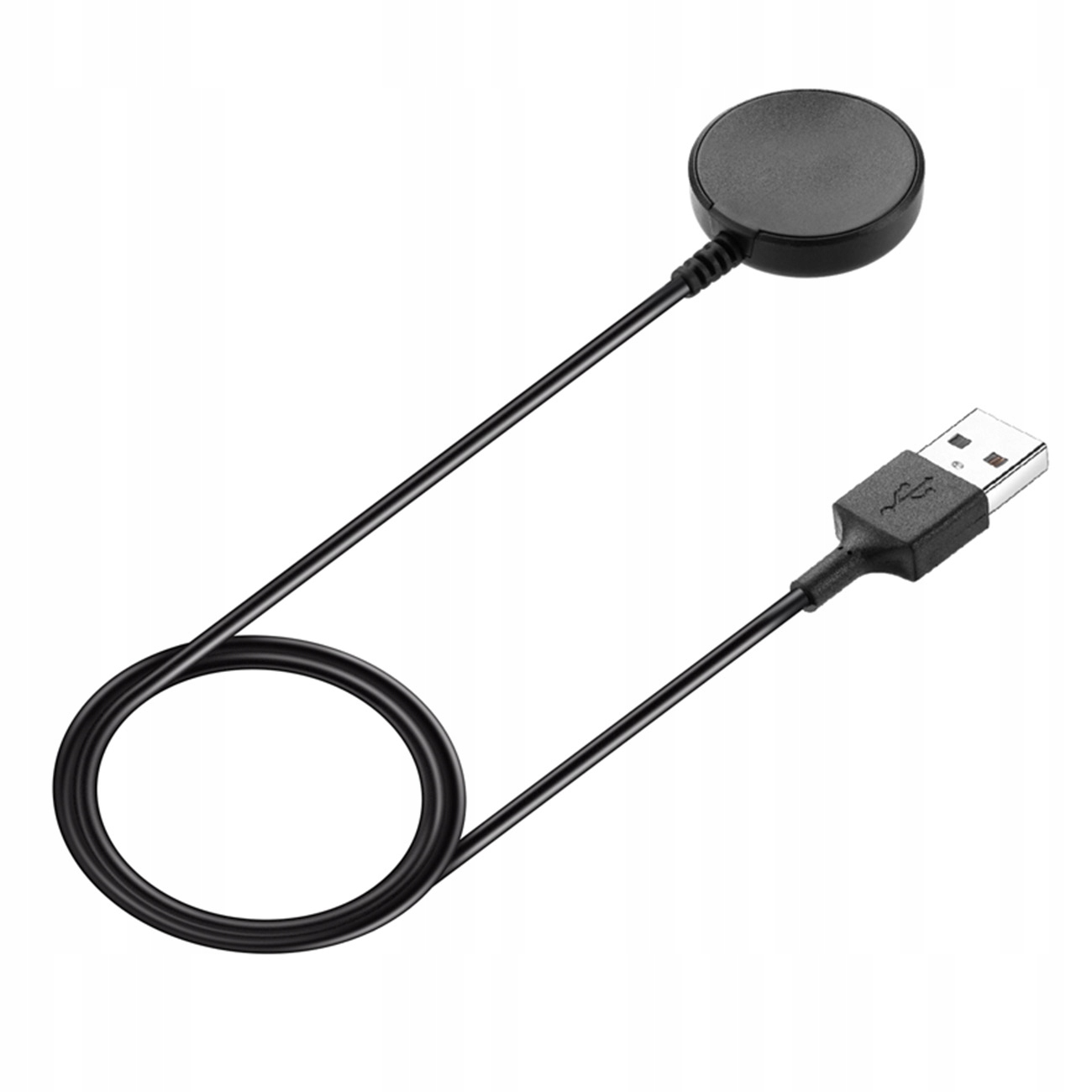 Czarny kabel ładujący USB z okrągłym modułem ładującym i złączem USB-A.