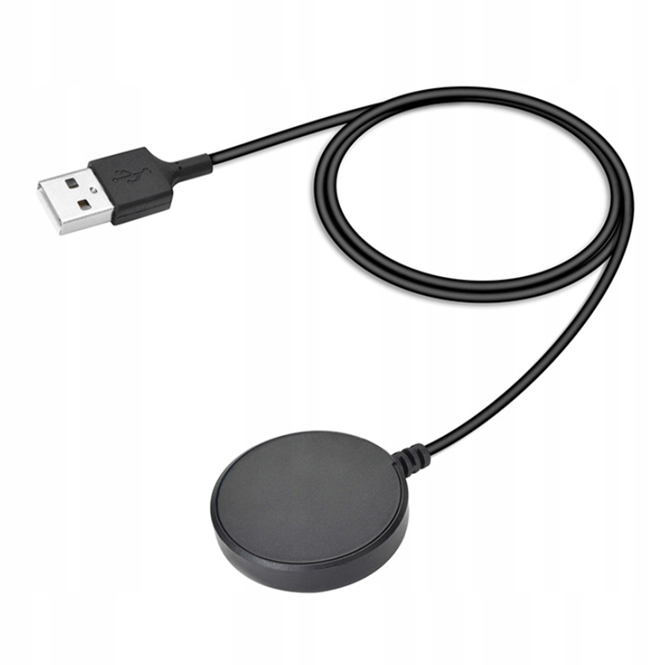 Czarny kabel ładujący USB z okrągłym złączem, na białym tle.