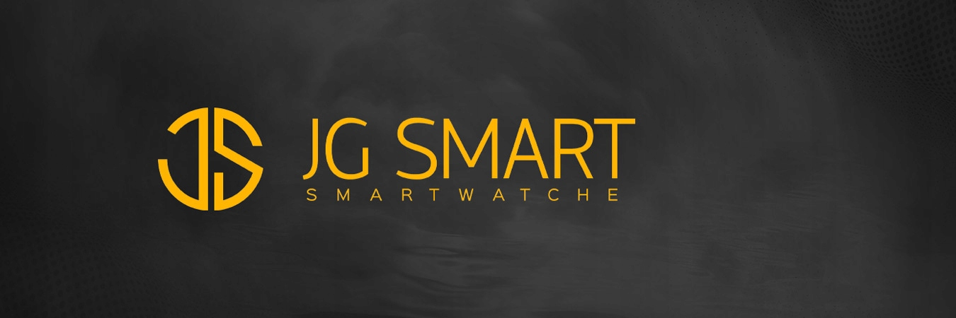 Żółte logo z napisem 'JS' i 'JG SMART SMARTWATCH' na ciemnym tle.