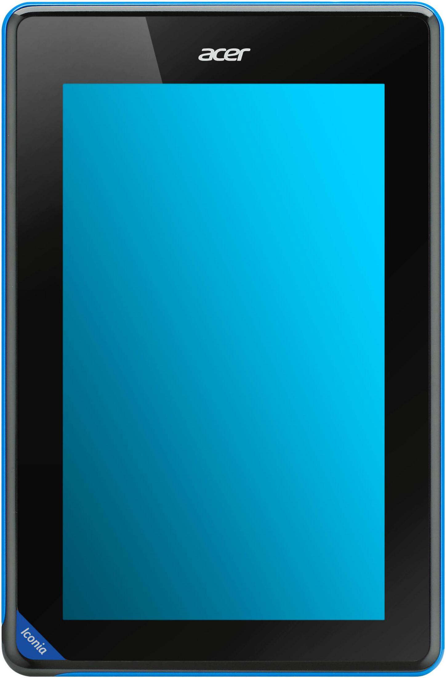 Ein blauer Acer Iconia Tablet-Computer mit leerem blauen Bildschirm.