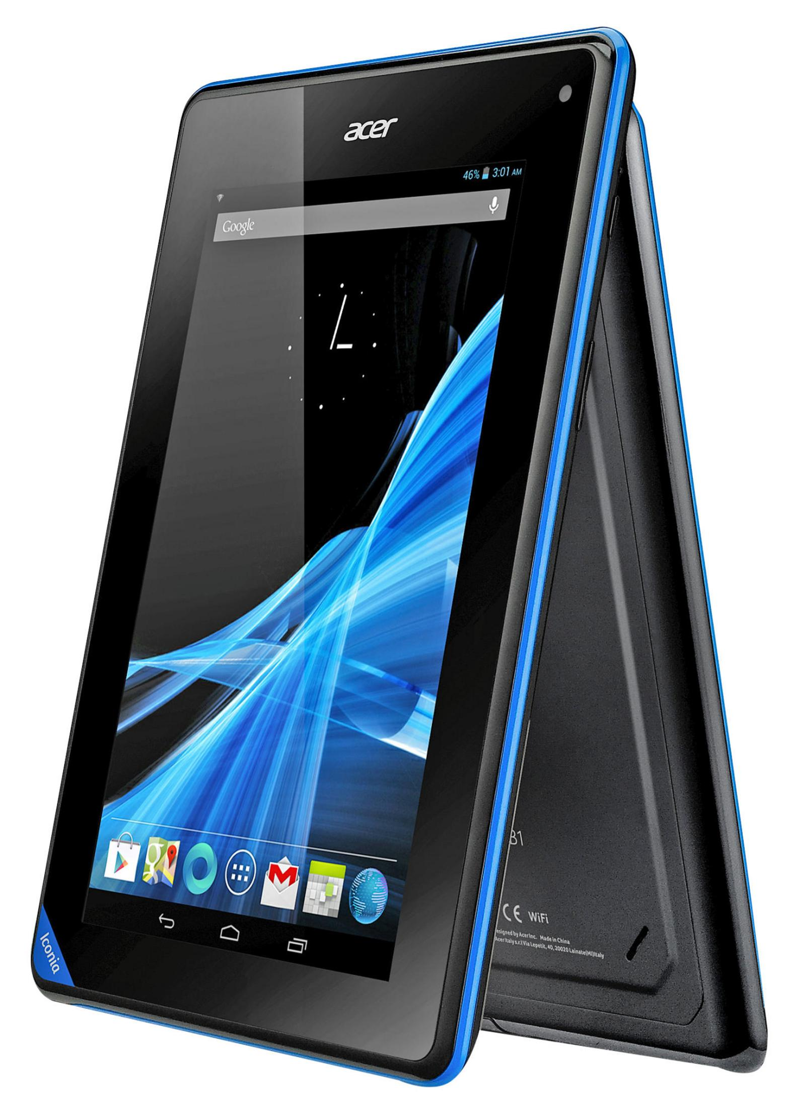 Ein blau umrandetes Acer Tablet mit blauem Hintergrundbild und Symbolen.