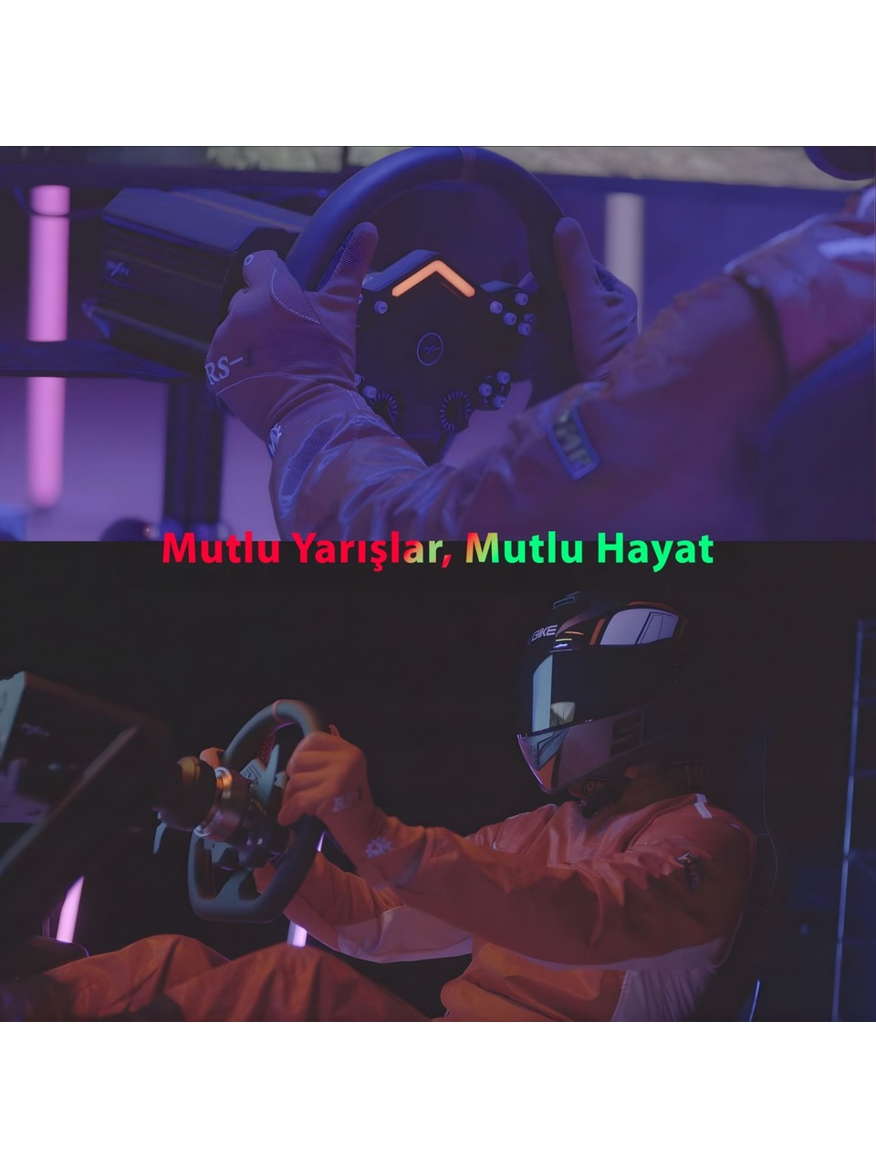 Turuncu yarış tulumu ve kasklı kişi direksiyonla araba kullanıyor.